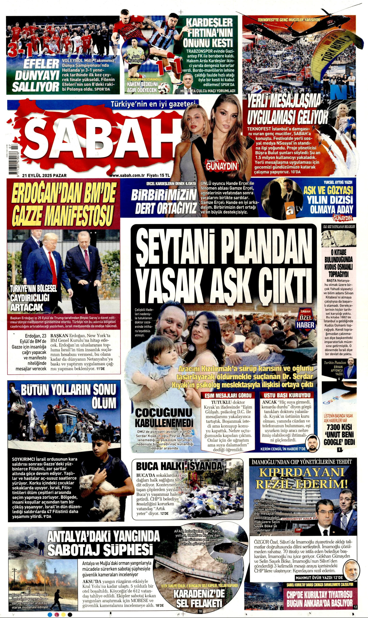 SABAH gazetesinin 21 Eylül 2025 tarihli birinci sayfası