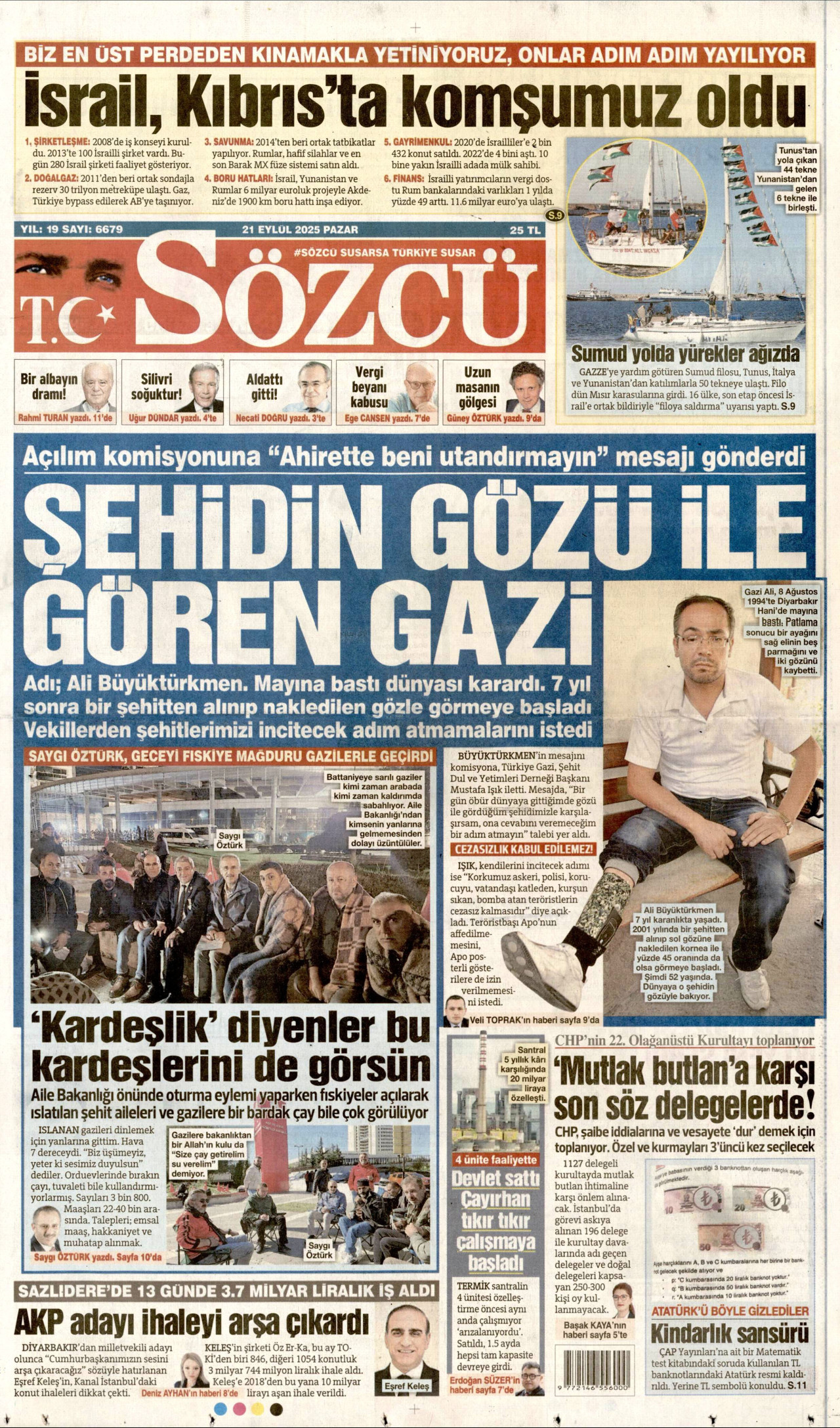 SÖZCÜ gazetesinin 21 Eylül 2025 tarihli birinci sayfası