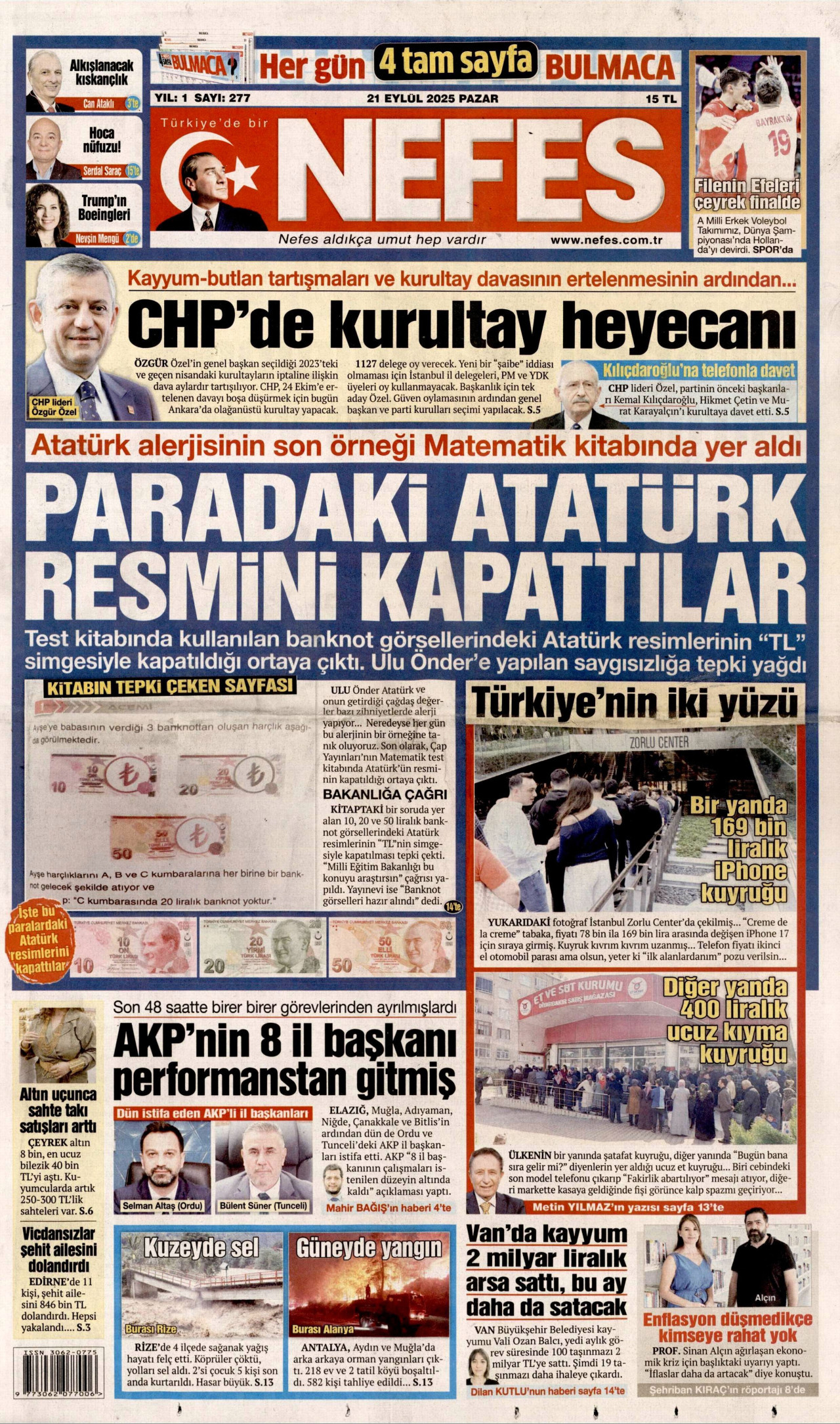 NEFES gazetesinin 21 Eylül 2025 tarihli birinci sayfası