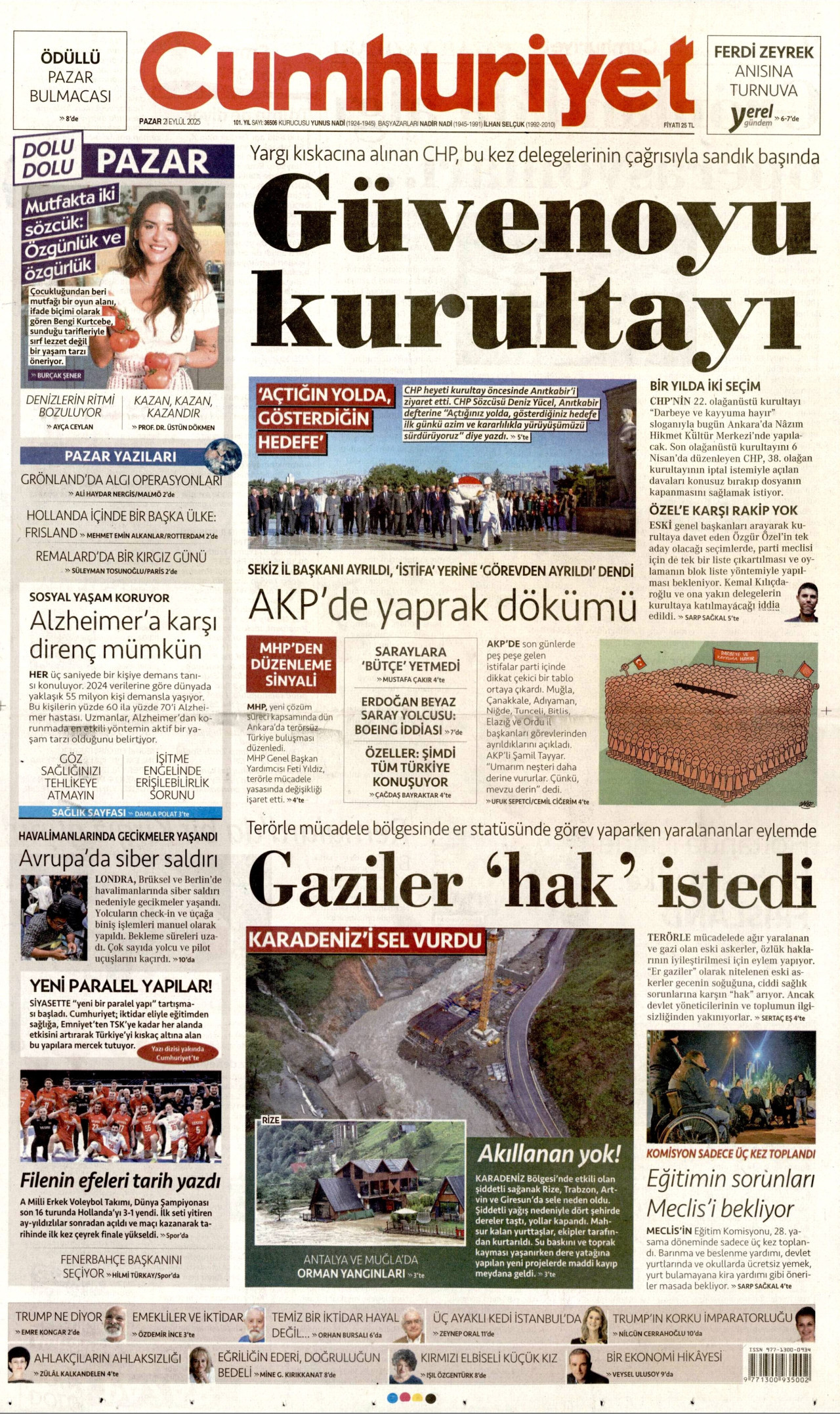 CUMHURİYET gazetesinin 21 Eylül 2025 tarihli birinci sayfası
