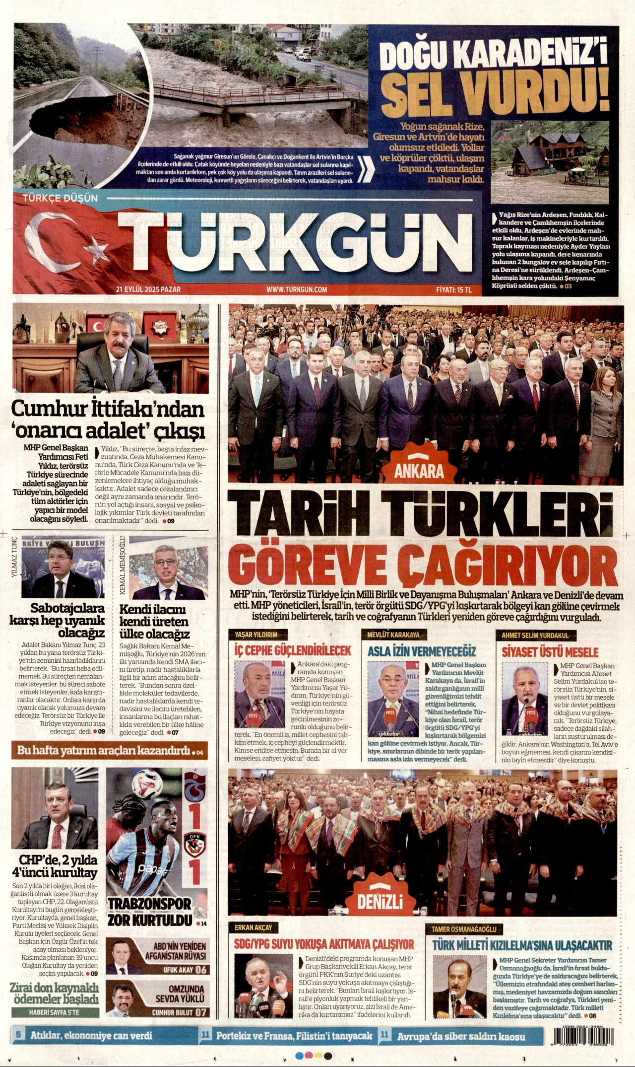 TÜRKGÜN gazetesinin 21 Eylül 2025 tarihli birinci sayfası