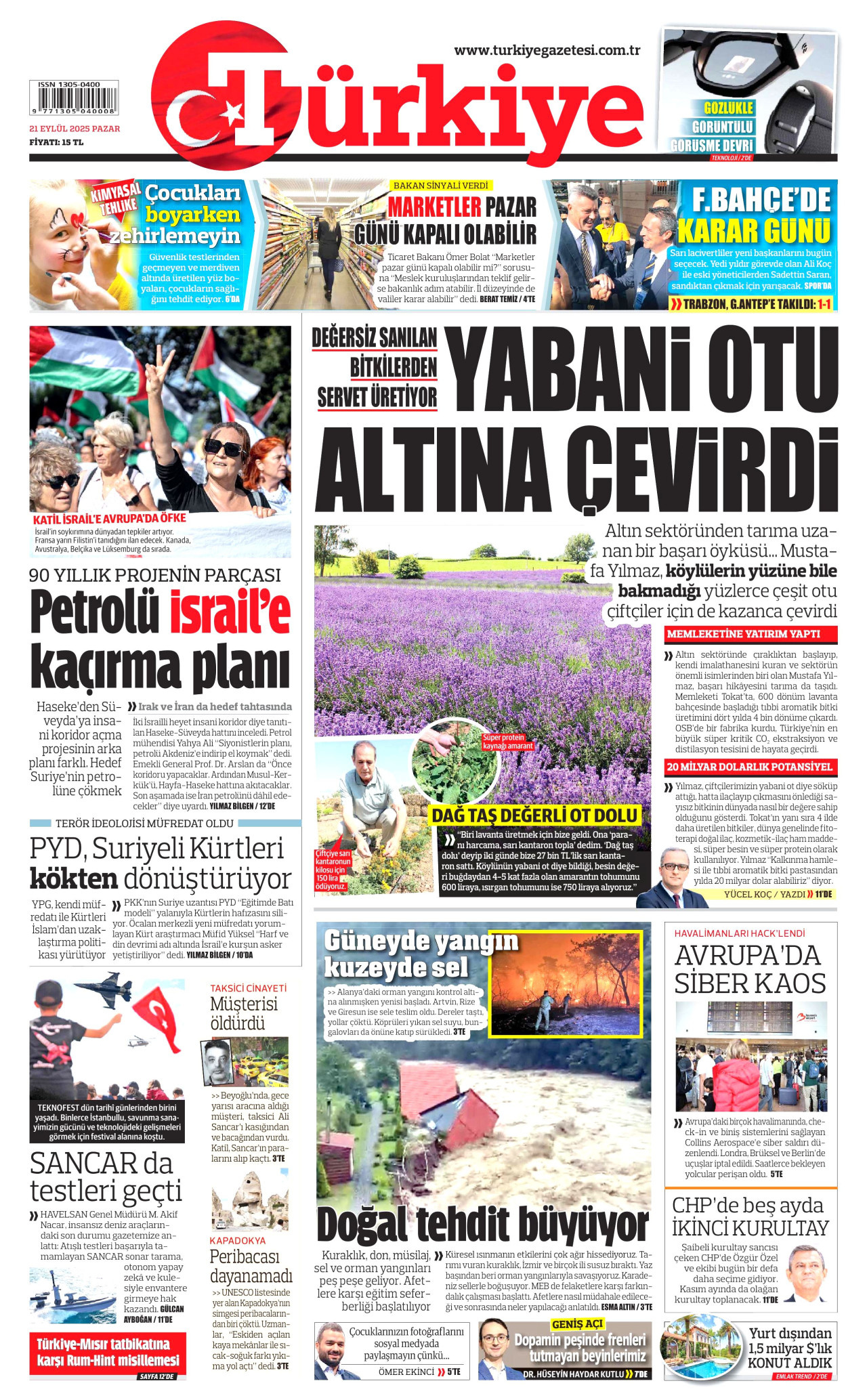 TÜRKİYE GAZETESİ gazetesinin 21 Eylül 2025 tarihli birinci sayfası