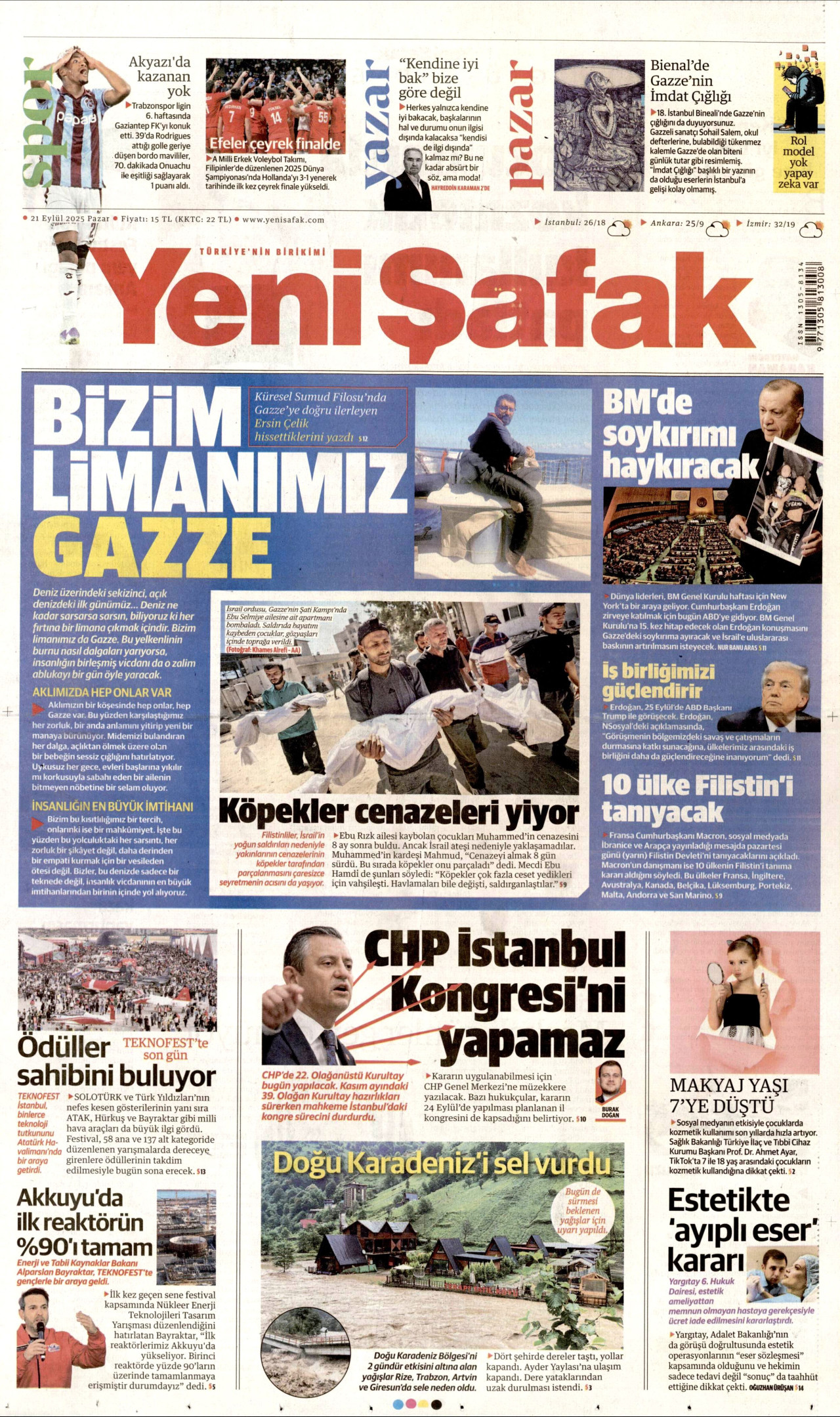 YENİ ŞAFAK gazetesinin 21 Eylül 2025 tarihli birinci sayfası