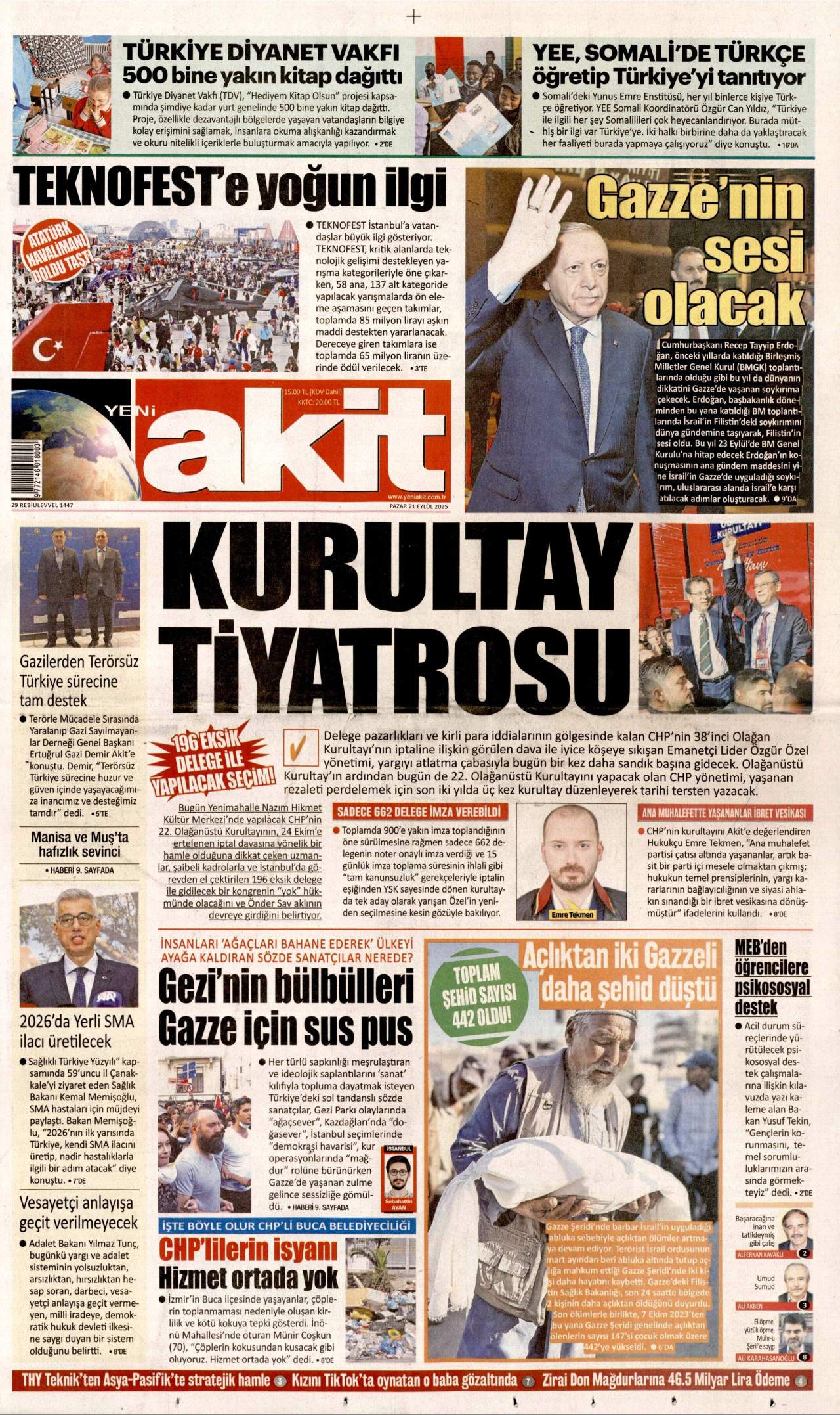 YENİ AKİT gazetesinin 21 Eylül 2025 tarihli birinci sayfası