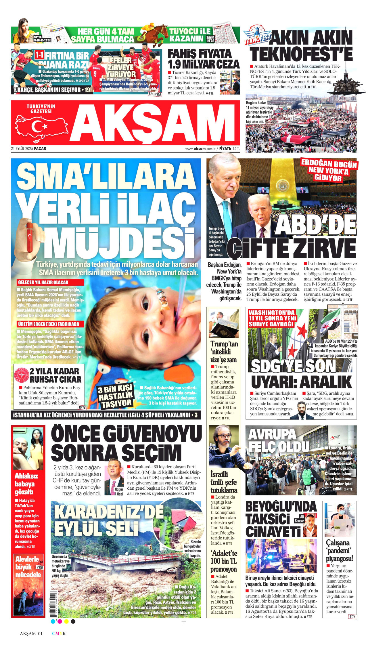 AKŞAM gazetesinin 21 Eylül 2025 tarihli birinci sayfası