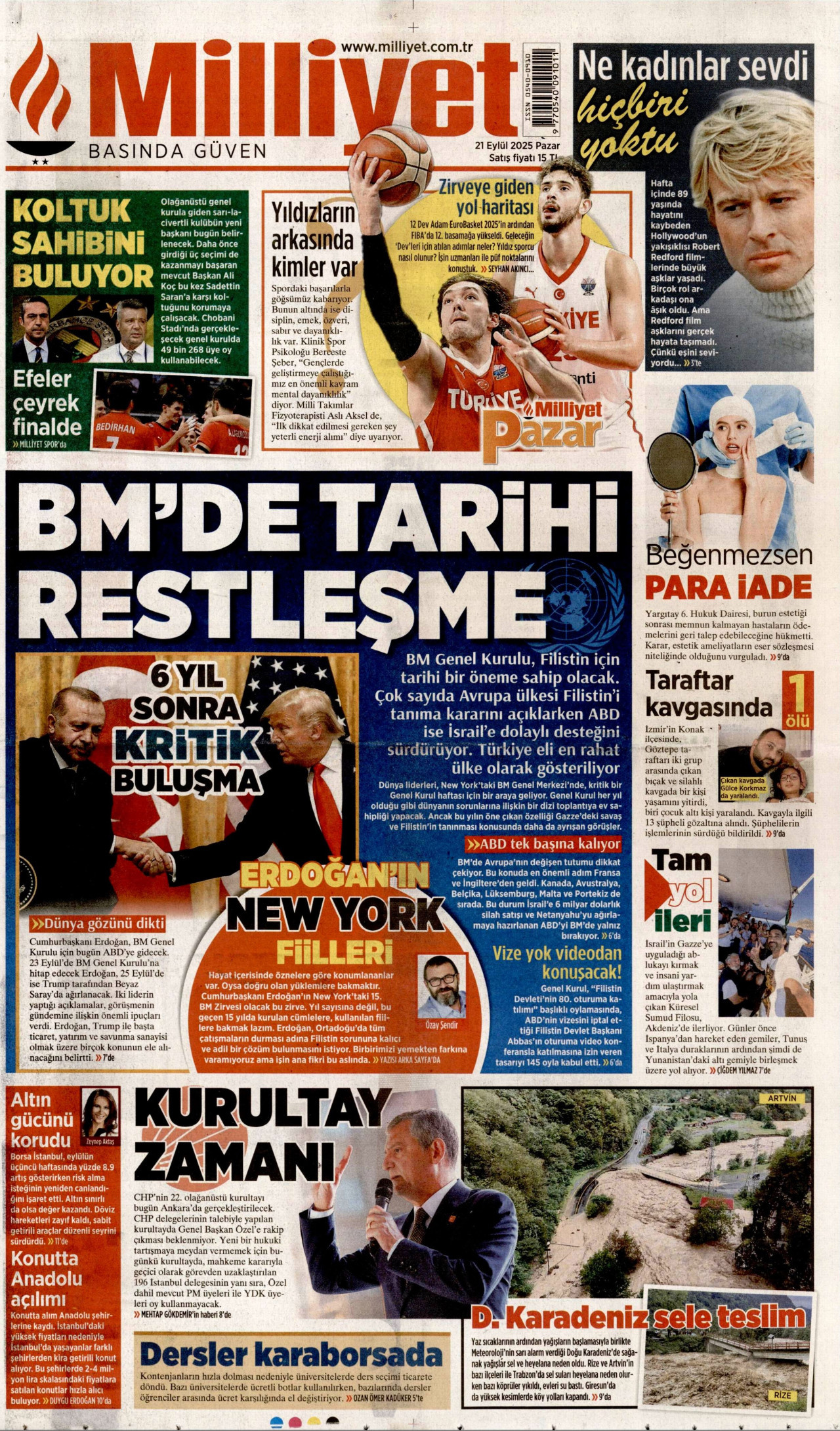 MİLLİYET gazetesinin 21 Eylül 2025 tarihli birinci sayfası