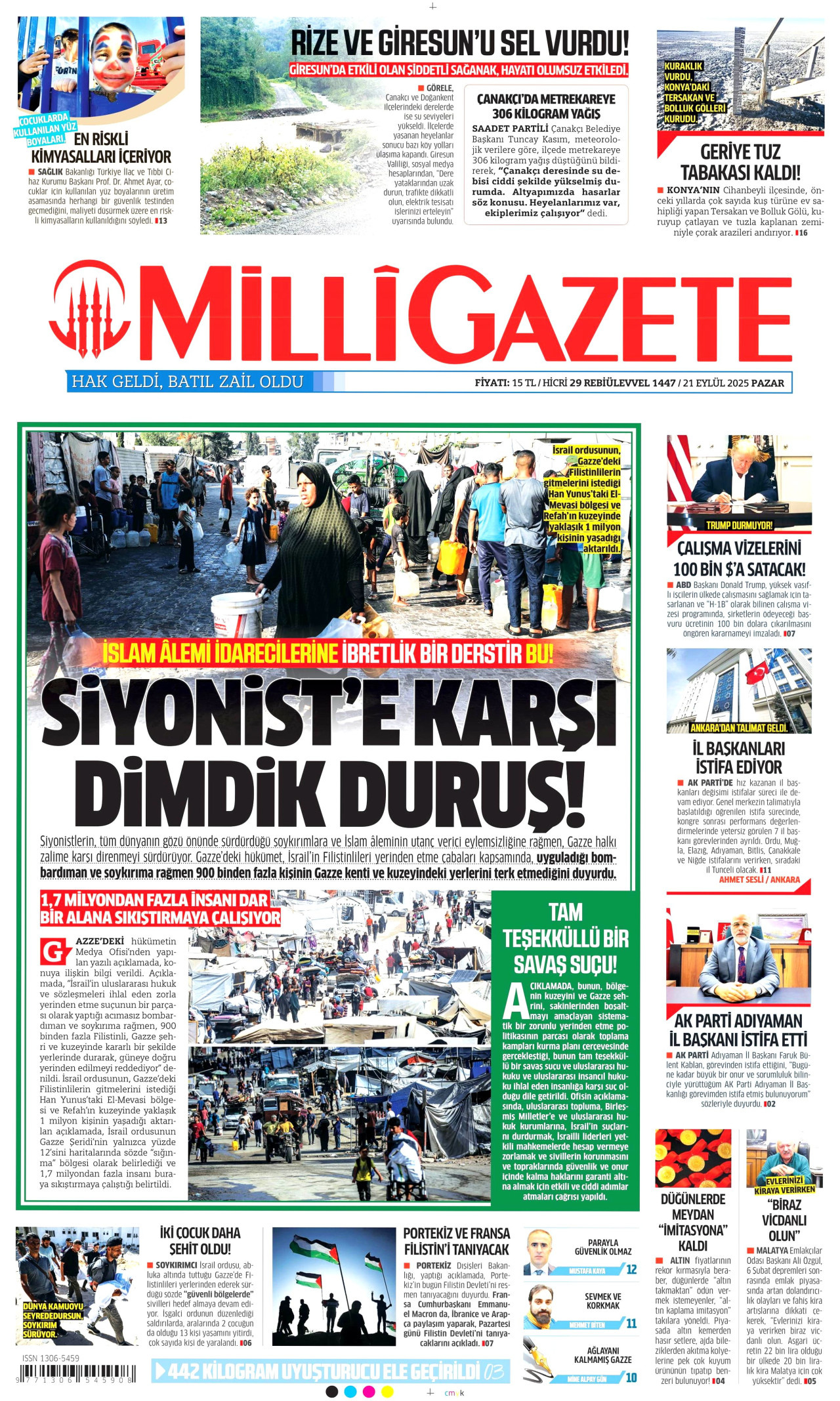 MİLLİ GAZETE gazetesinin 21 Eylül 2025 tarihli birinci sayfası