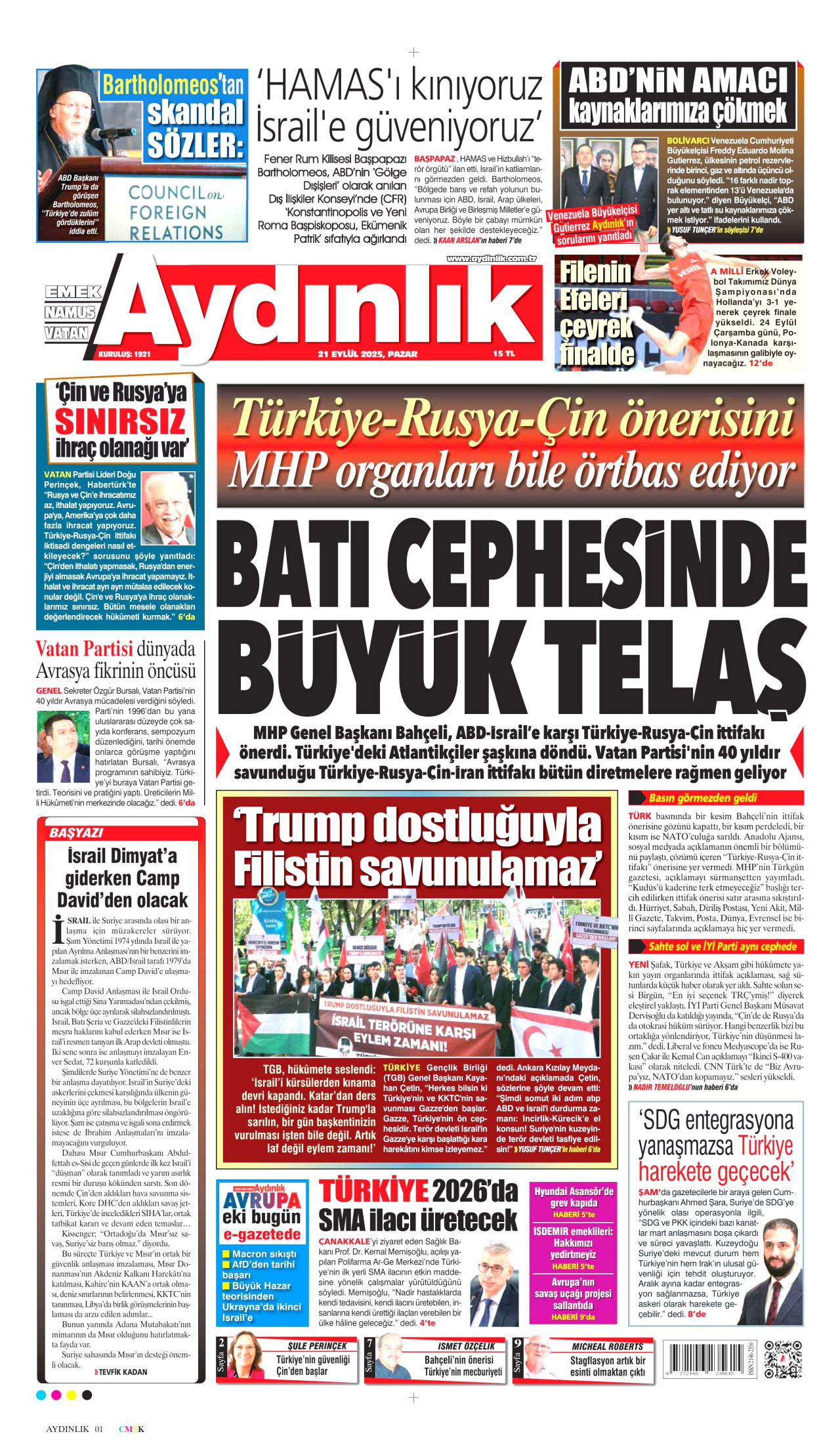 AYDINLIK GAZETESİ gazetesinin 21 Eylül 2025 tarihli birinci sayfası