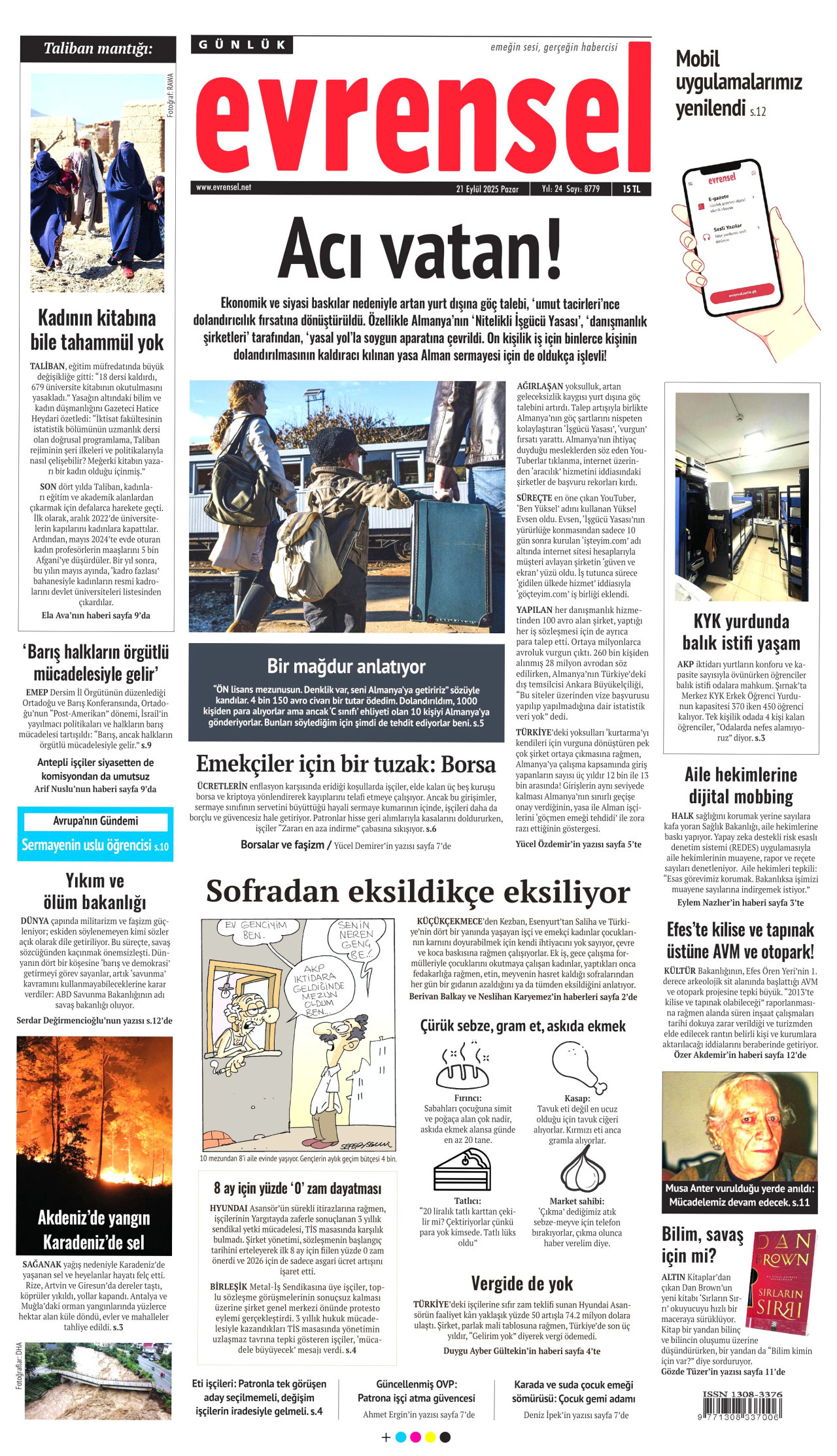 EVRENSEL gazetesinin 21 Eylül 2025 tarihli birinci sayfası