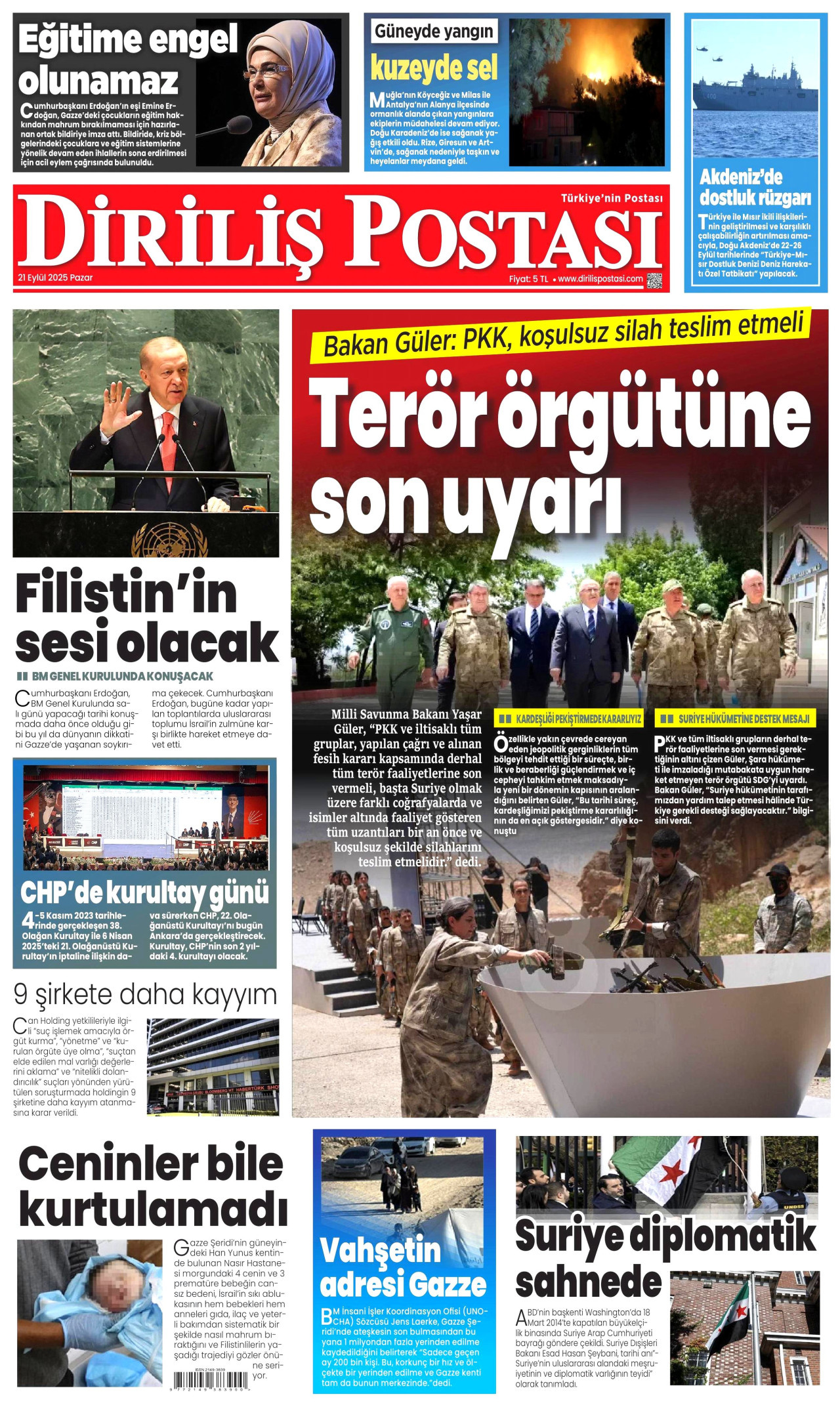 DİRİLİŞ POSTASI gazetesinin 21 Eylül 2025 tarihli birinci sayfası