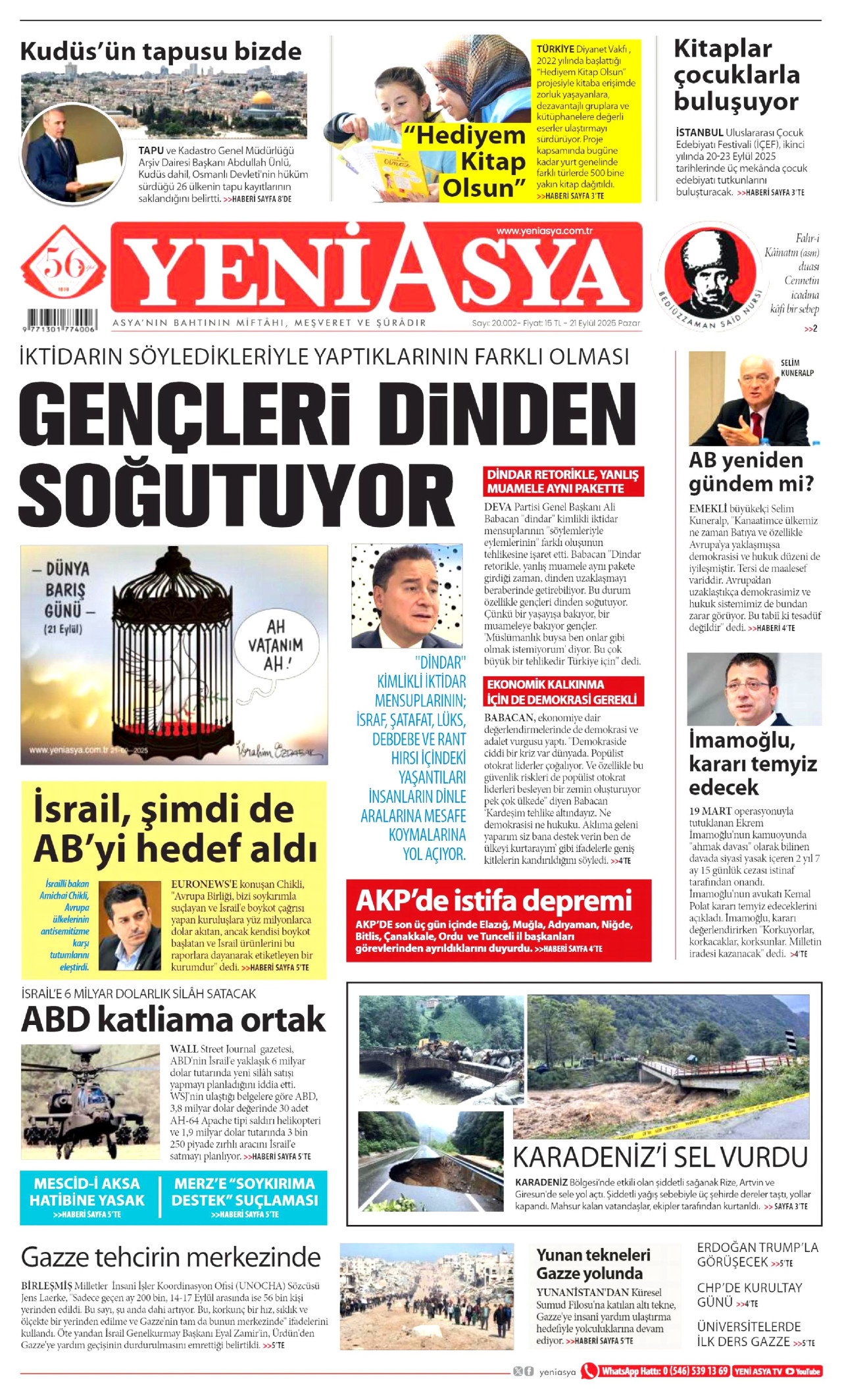 YENİ ASYA gazetesinin 21 Eylül 2025 tarihli birinci sayfası