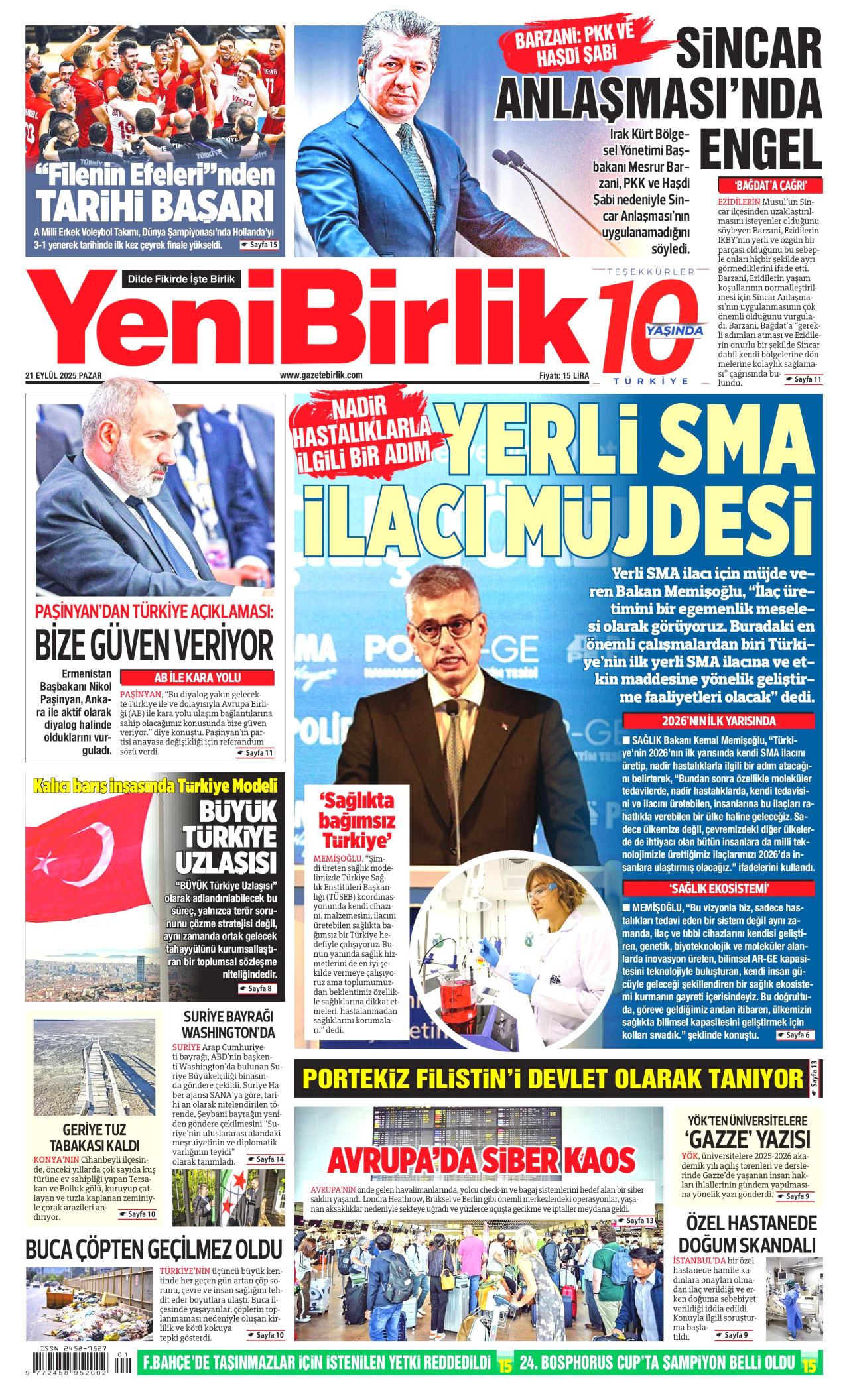 YENİBİRLİK gazetesinin 21 Eylül 2025 tarihli birinci sayfası