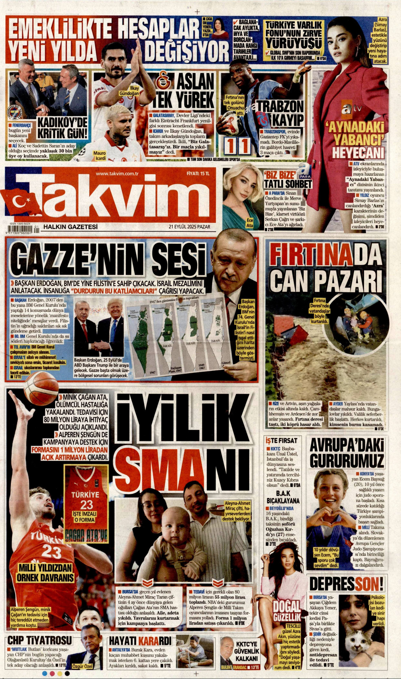 TAKVİM gazetesinin 21 Eylül 2025 tarihli birinci sayfası