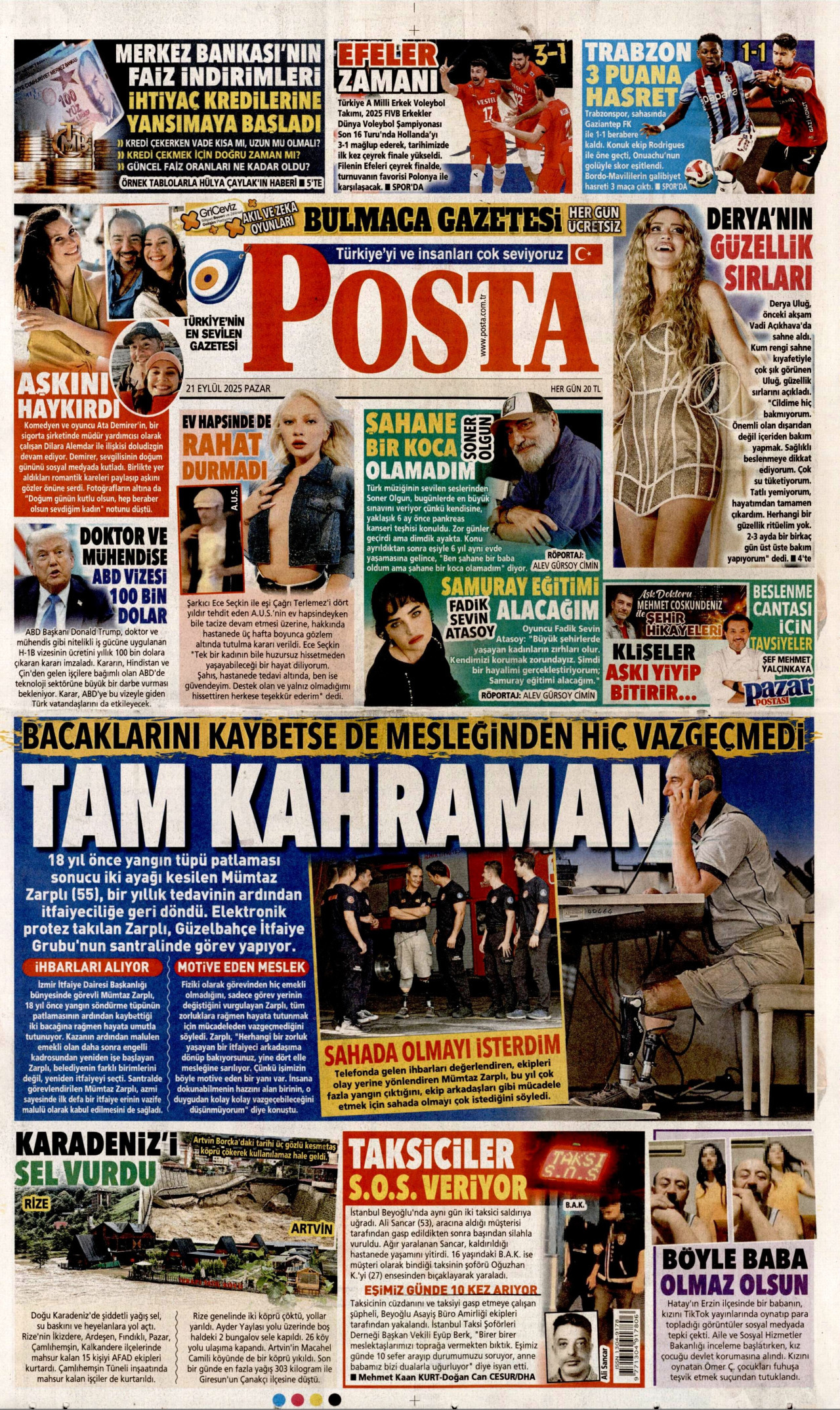 POSTA gazetesinin 21 Eylül 2025 tarihli birinci sayfası