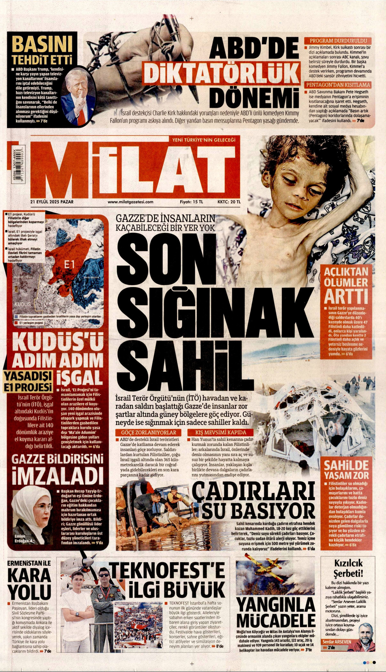 MİLAT gazetesinin 21 Eylül 2025 tarihli birinci sayfası