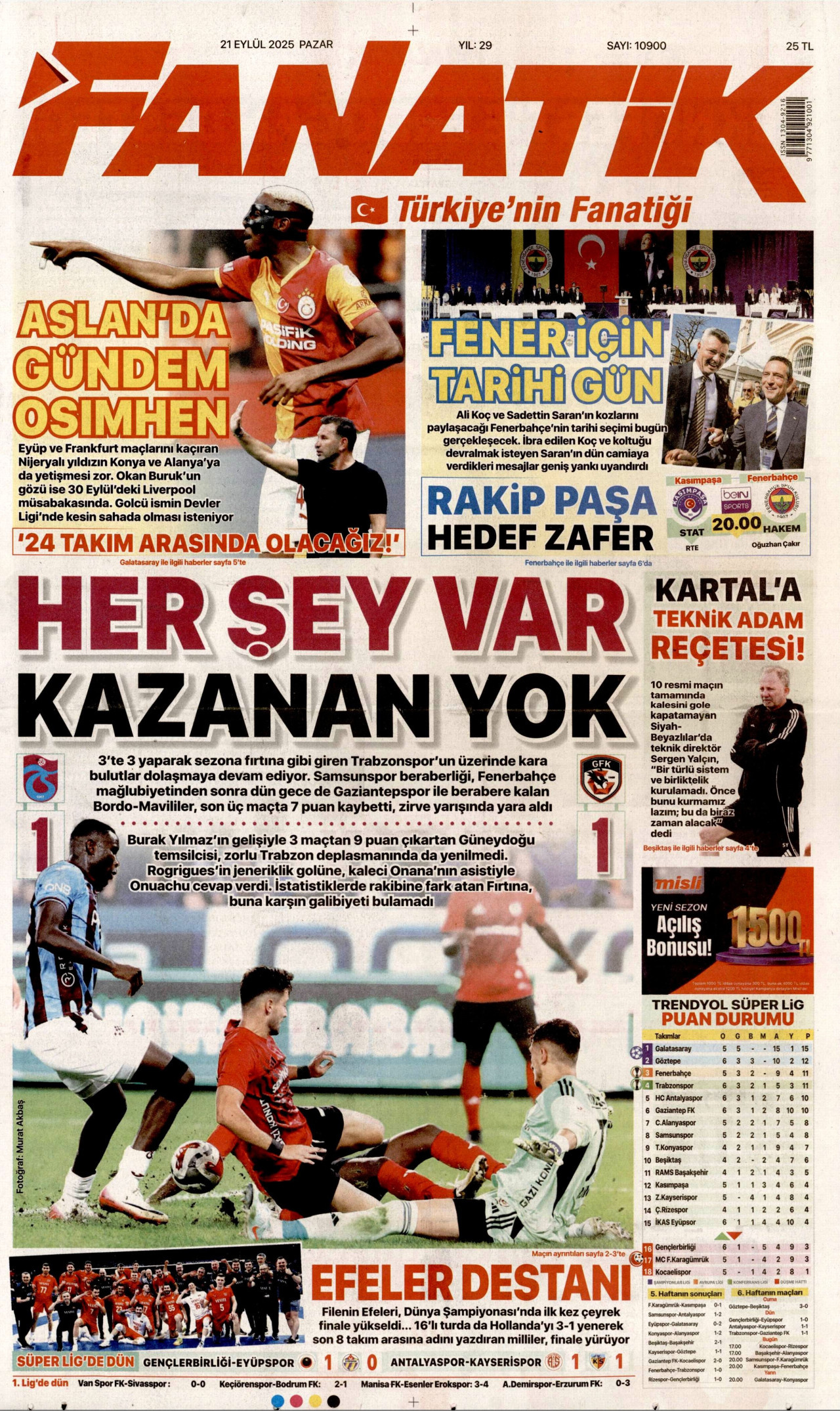 FANATİK gazetesinin 21 Eylül 2025 tarihli birinci sayfası
