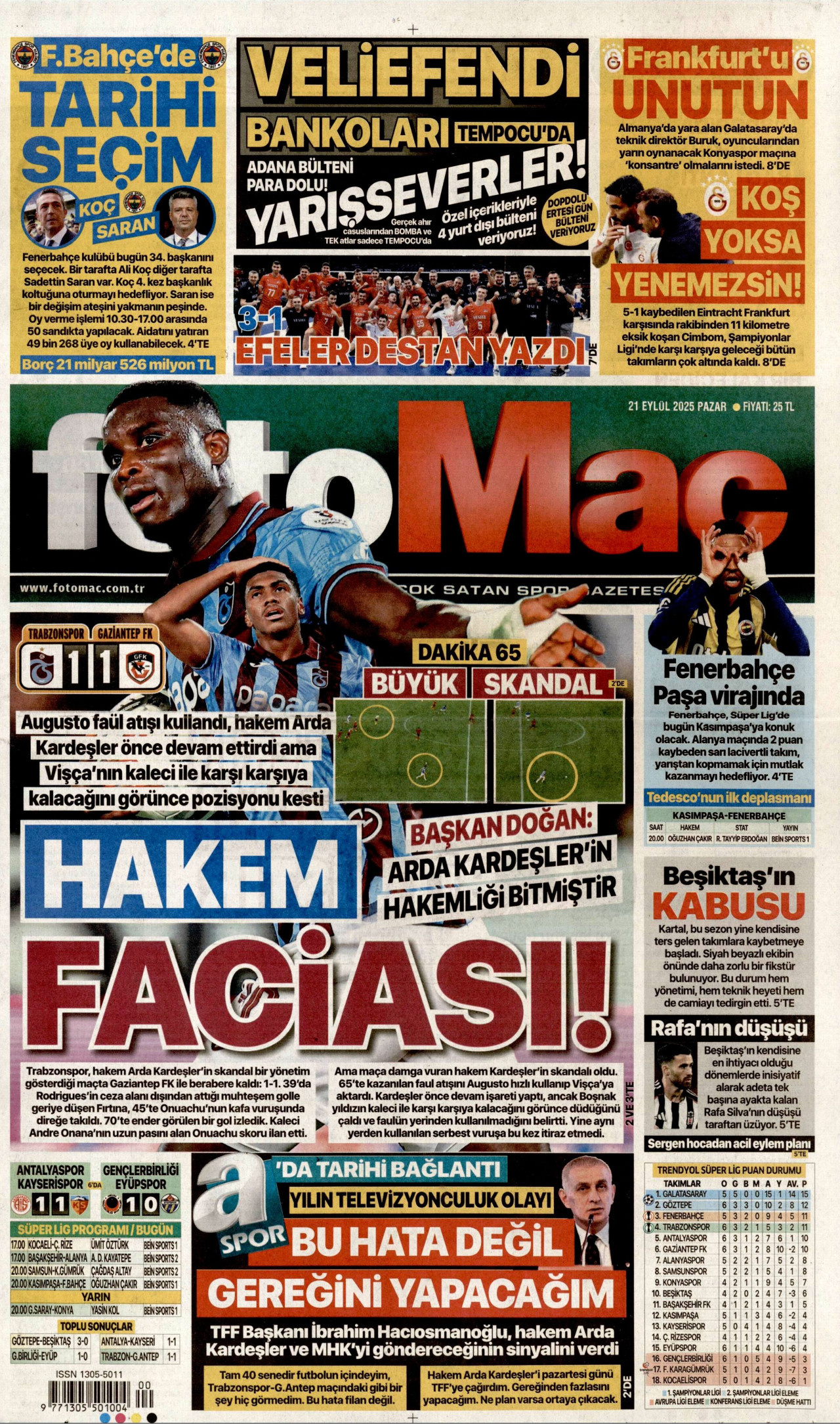 FOTOMAÇ gazetesinin 21 Eylül 2025 tarihli birinci sayfası