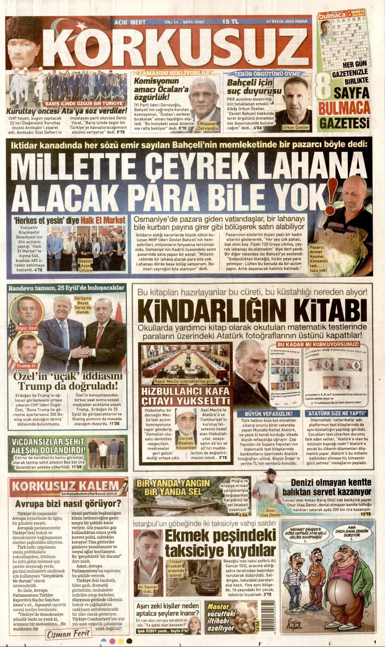 KORKUSUZ gazetesinin 21 Eylül 2025 tarihli birinci sayfası