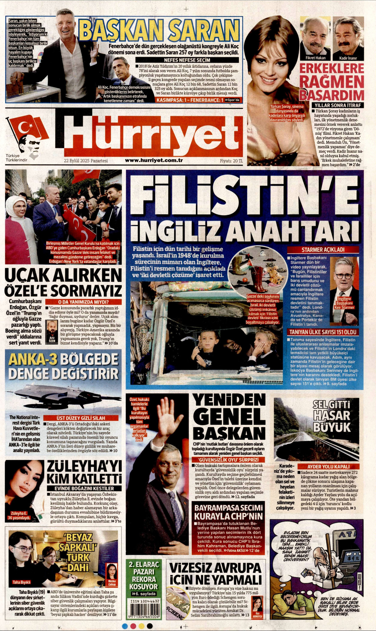 HÜRRİYET gazetesinin 22 Eylül 2025 tarihli birinci sayfası