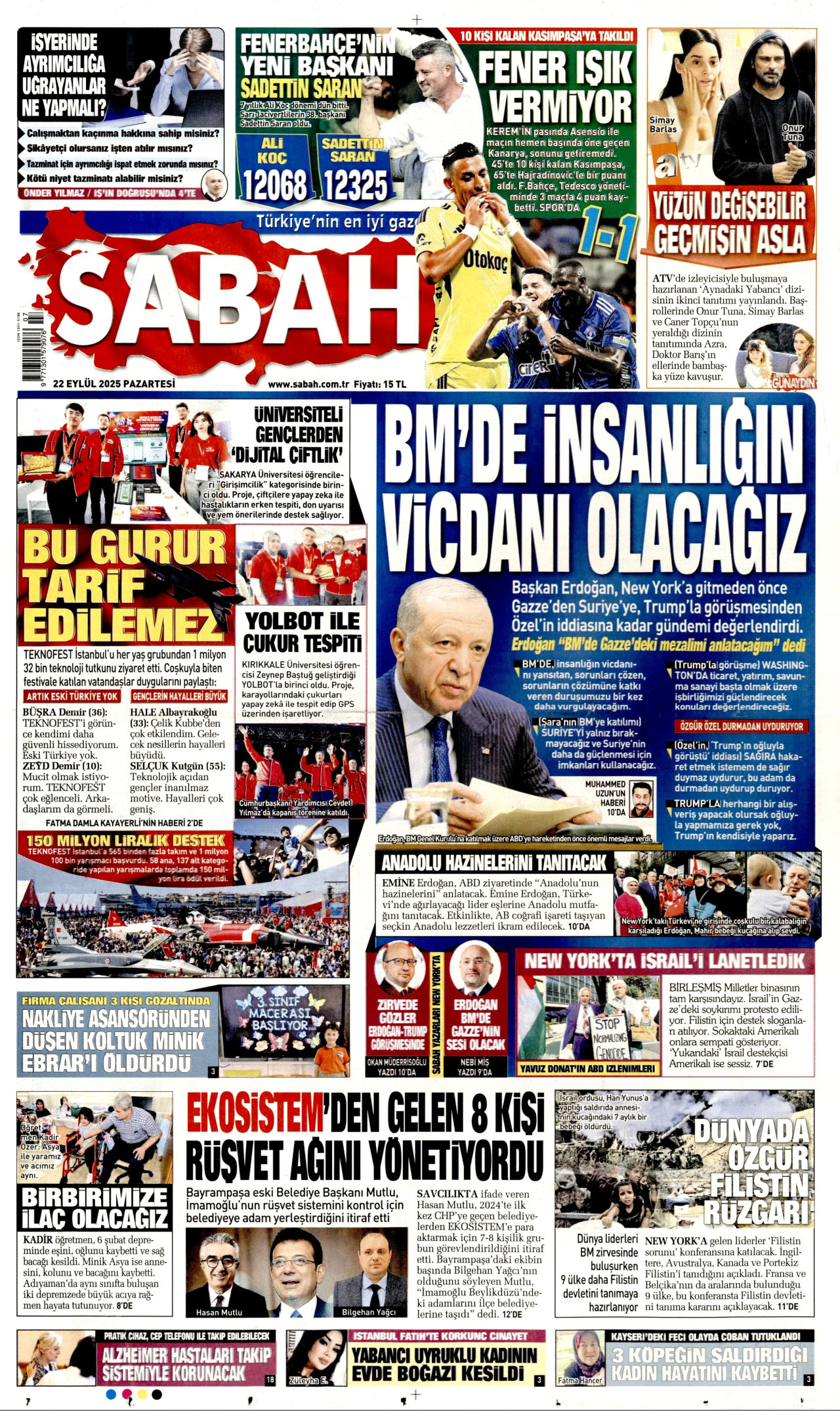 SABAH gazetesinin 22 Eylül 2025 tarihli birinci sayfası