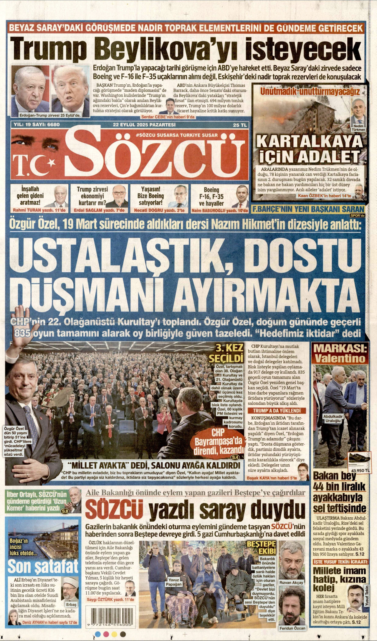 SÖZCÜ gazetesinin 22 Eylül 2025 tarihli birinci sayfası