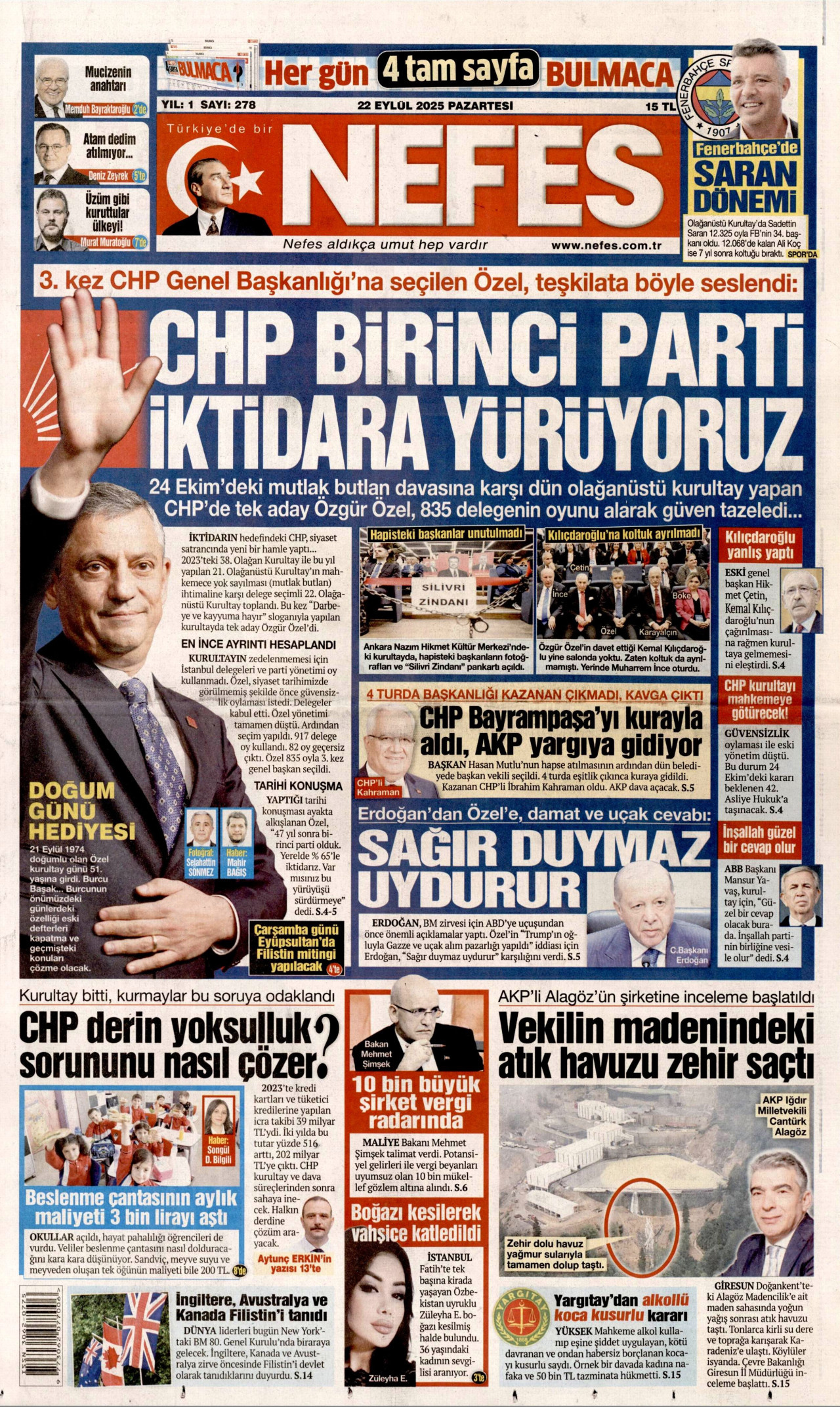 NEFES gazetesinin 22 Eylül 2025 tarihli birinci sayfası