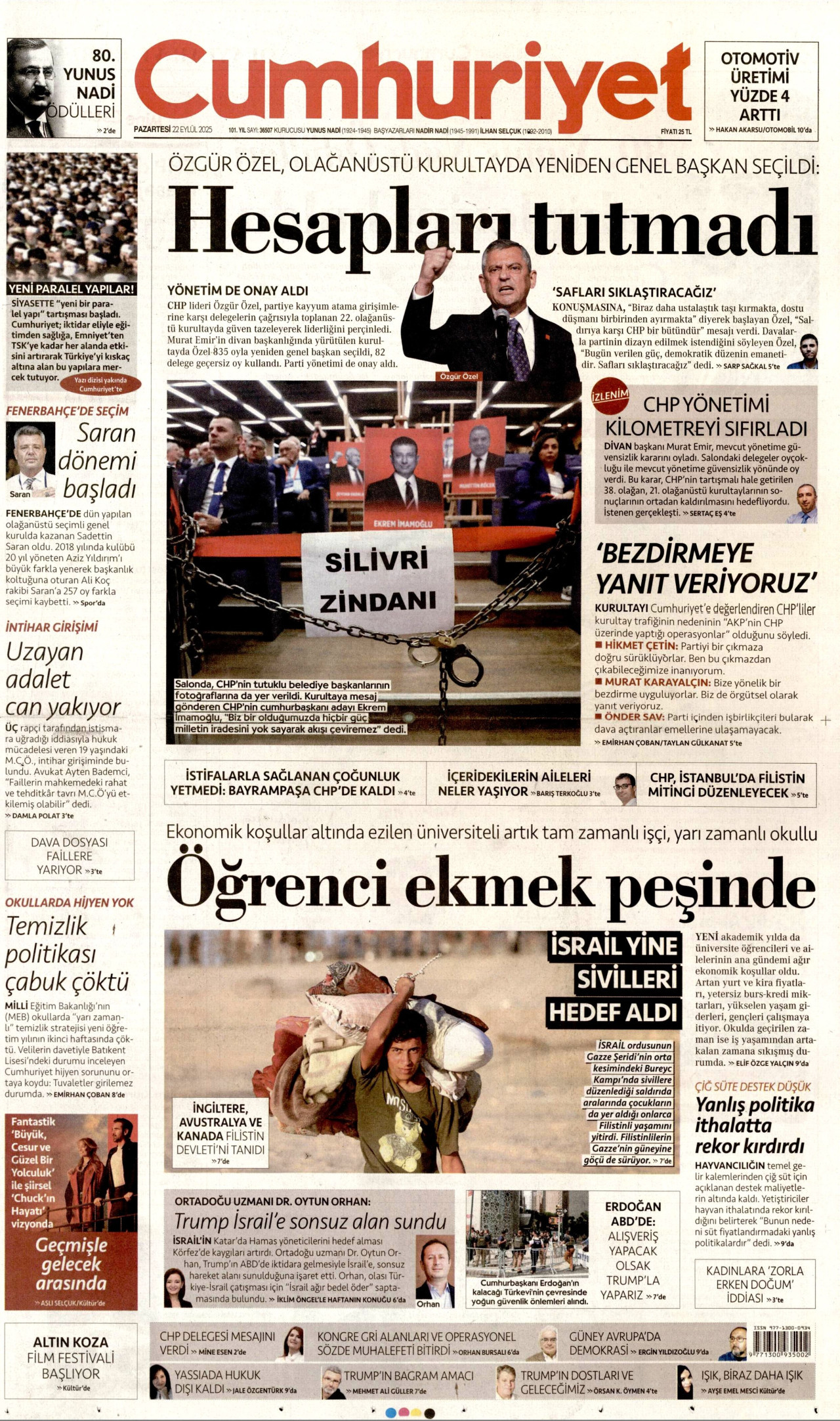 CUMHURİYET gazetesinin 22 Eylül 2025 tarihli birinci sayfası