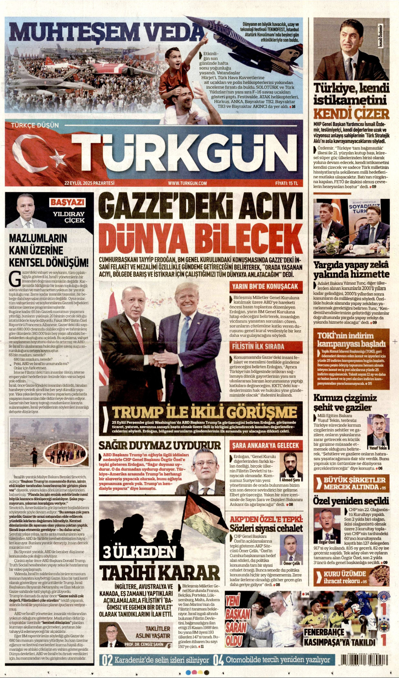 TÜRKGÜN gazetesinin 22 Eylül 2025 tarihli birinci sayfası