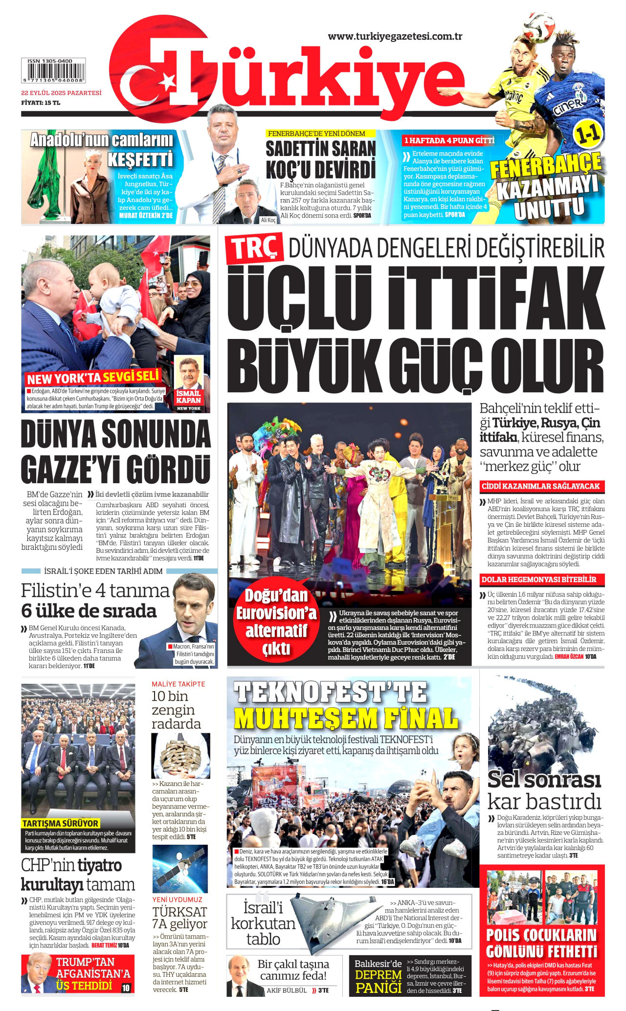 TÜRKİYE GAZETESİ gazetesinin 22 Eylül 2025 tarihli birinci sayfası