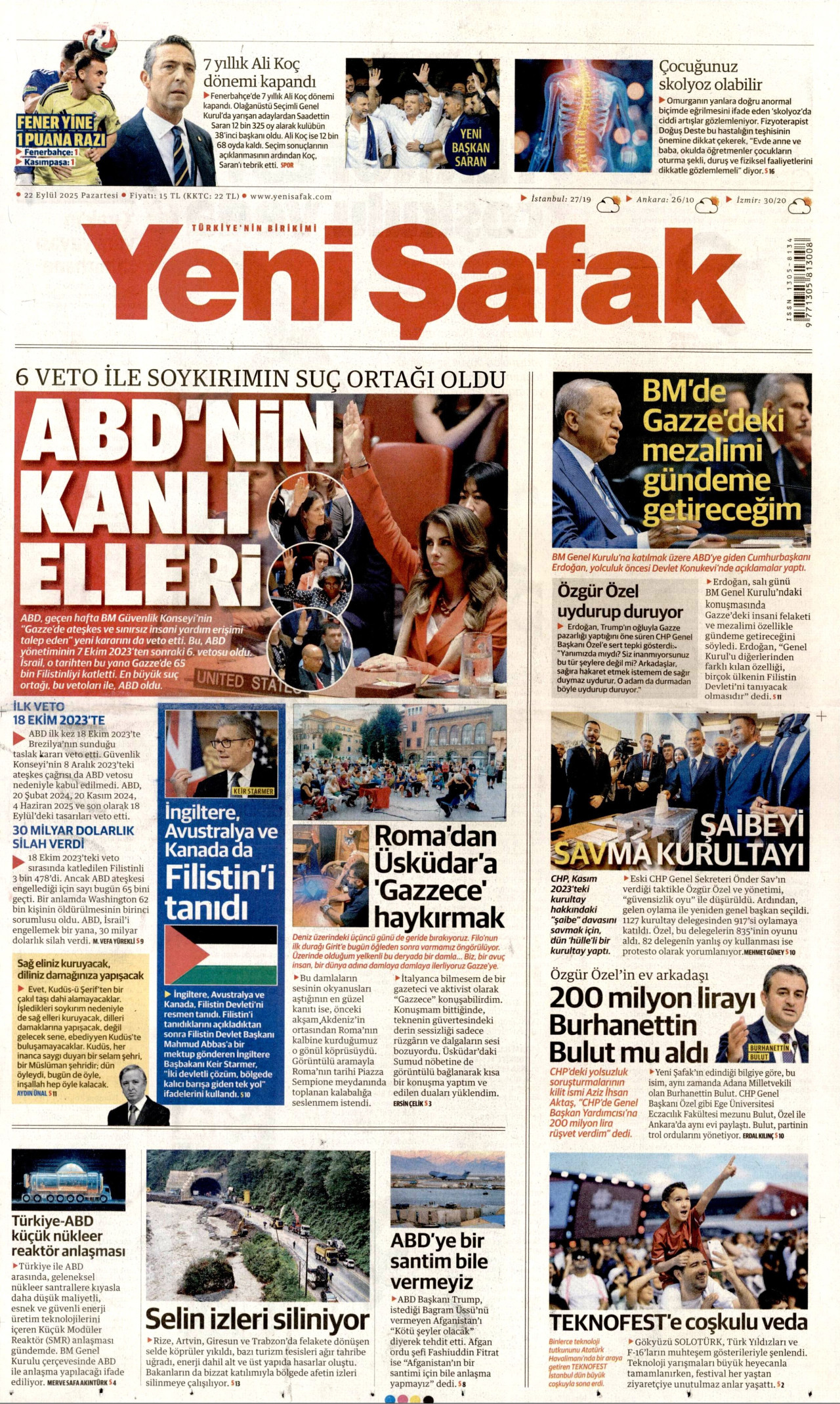 YENİ ŞAFAK gazetesinin 22 Eylül 2025 tarihli birinci sayfası