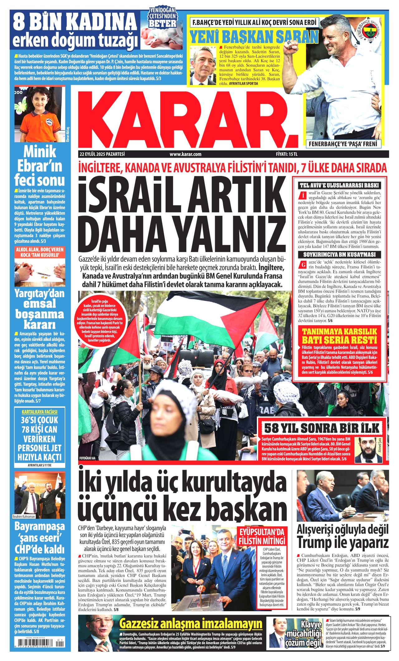 KARAR gazetesinin 22 Eylül 2025 tarihli birinci sayfası