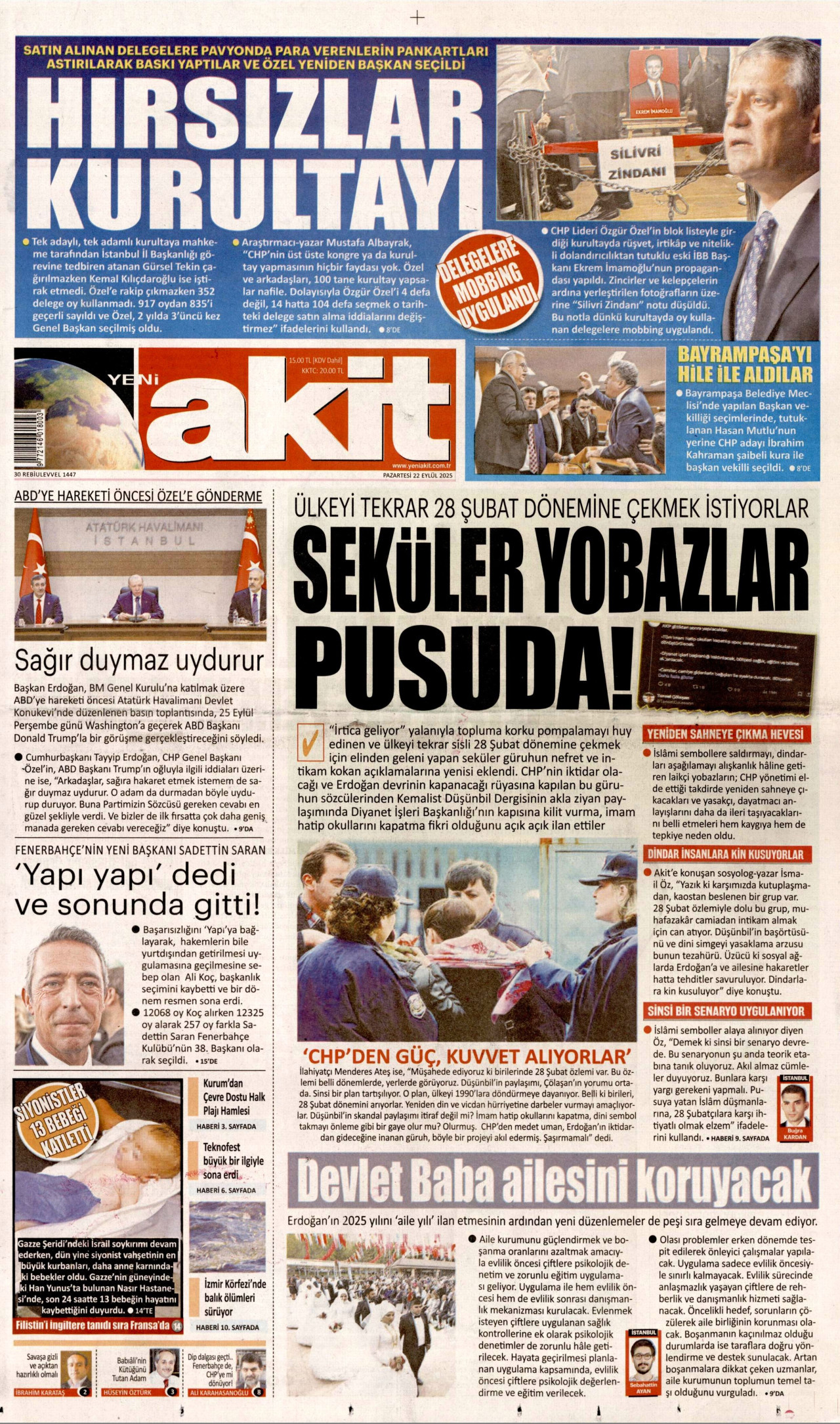 YENİ AKİT gazetesinin 22 Eylül 2025 tarihli birinci sayfası