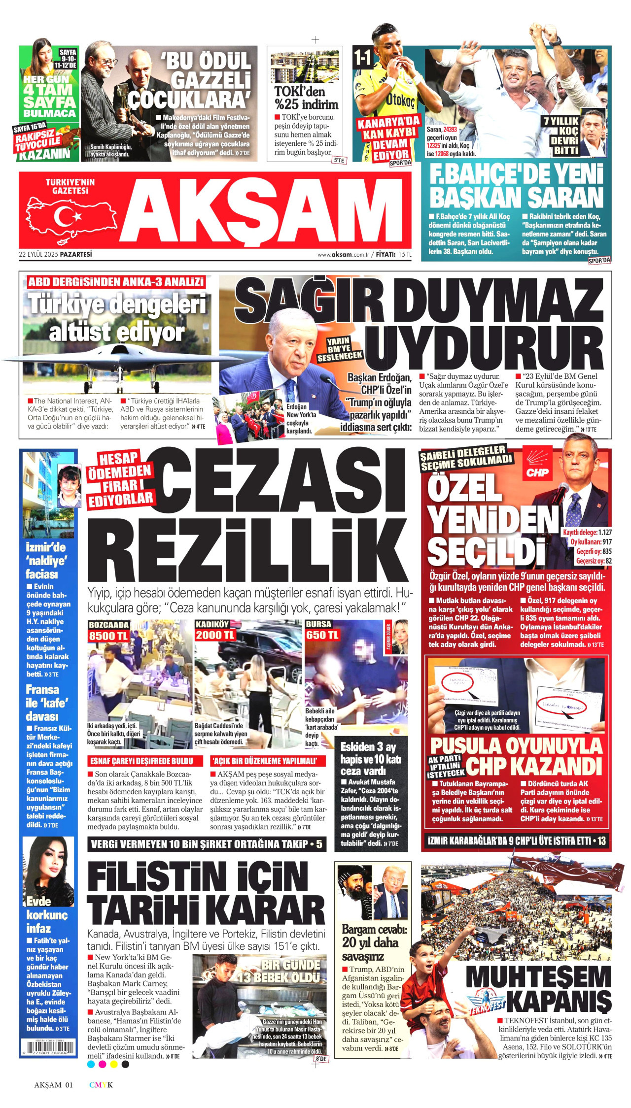 AKŞAM gazetesinin 22 Eylül 2025 tarihli birinci sayfası