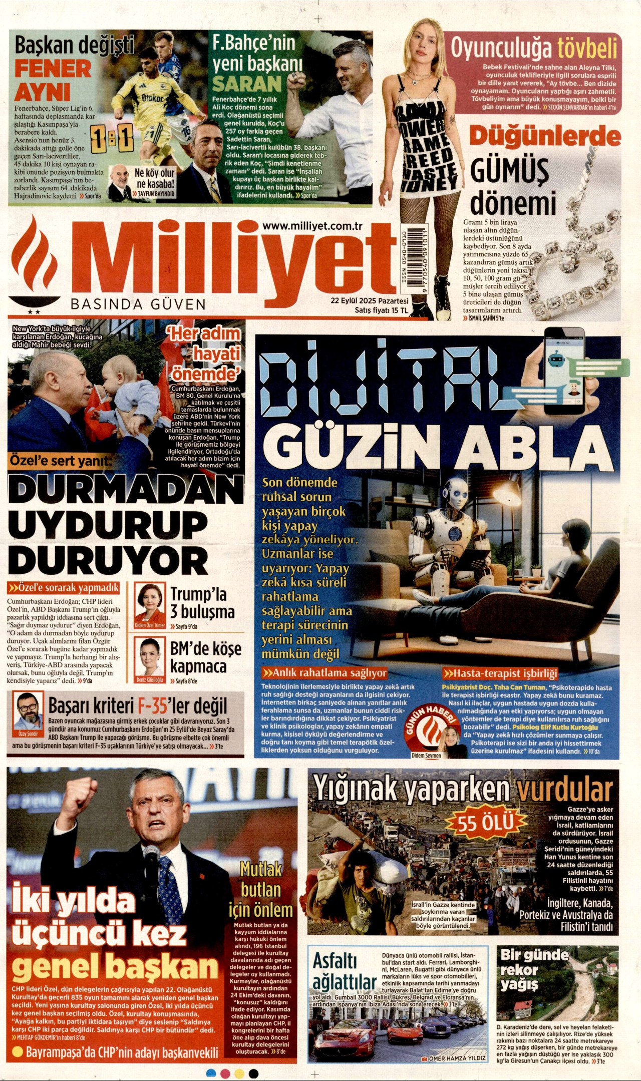 MİLLİYET gazetesinin 22 Eylül 2025 tarihli birinci sayfası