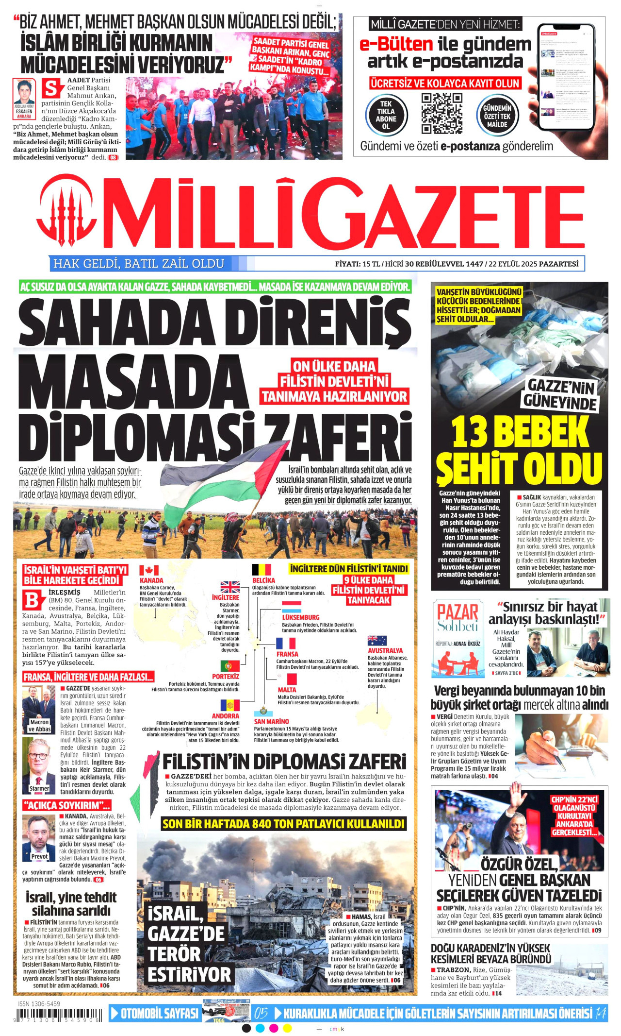 MİLLİ GAZETE gazetesinin 22 Eylül 2025 tarihli birinci sayfası