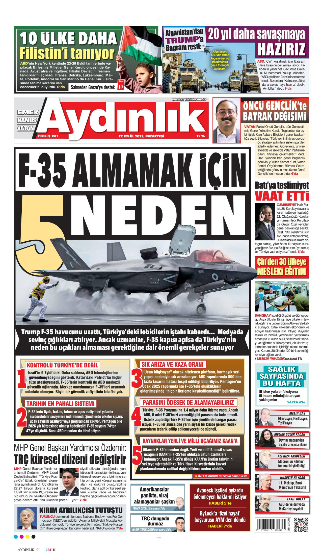AYDINLIK GAZETESİ gazetesinin 22 Eylül 2025 tarihli birinci sayfası