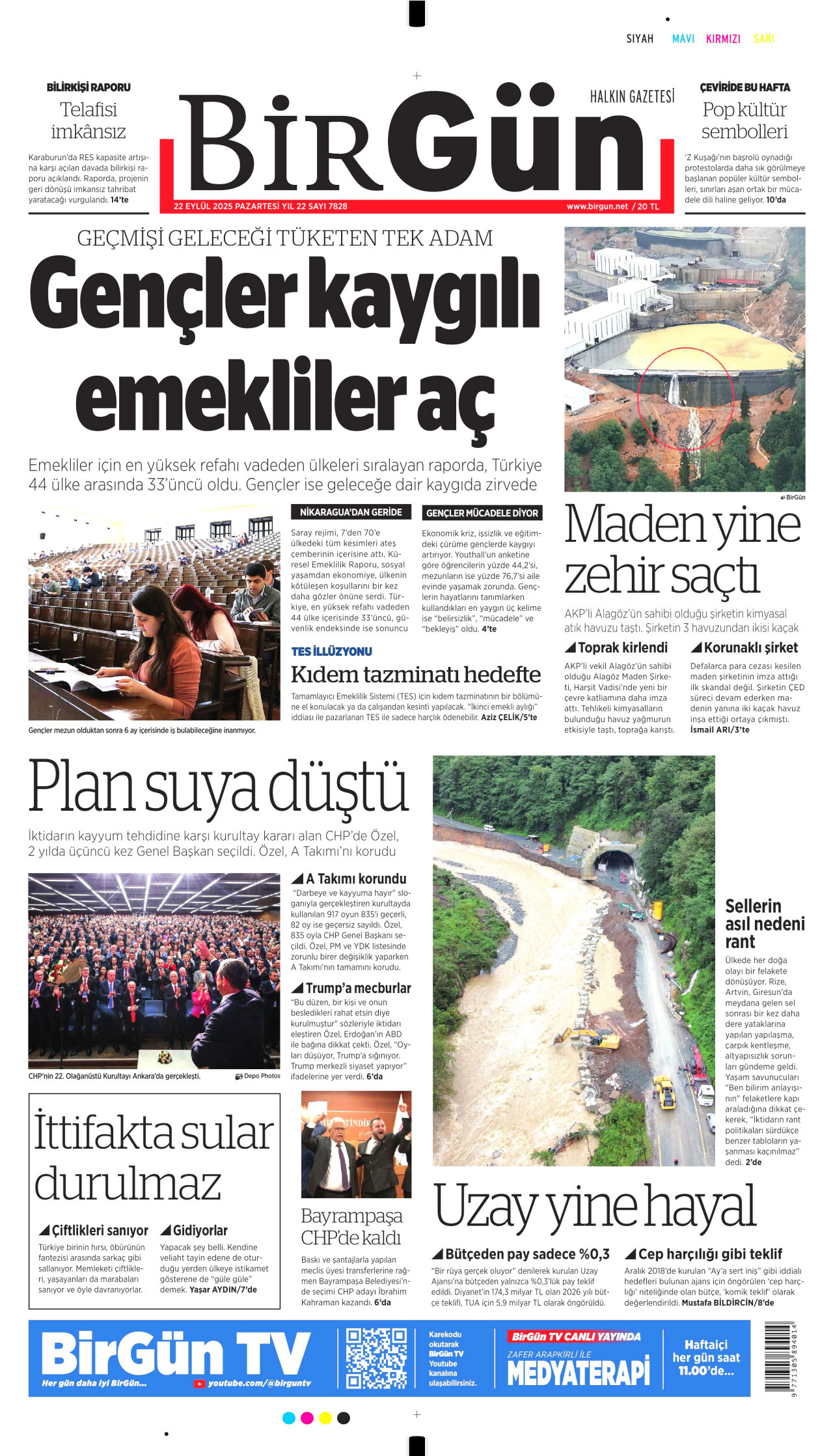BİRGÜN gazetesinin 22 Eylül 2025 tarihli birinci sayfası