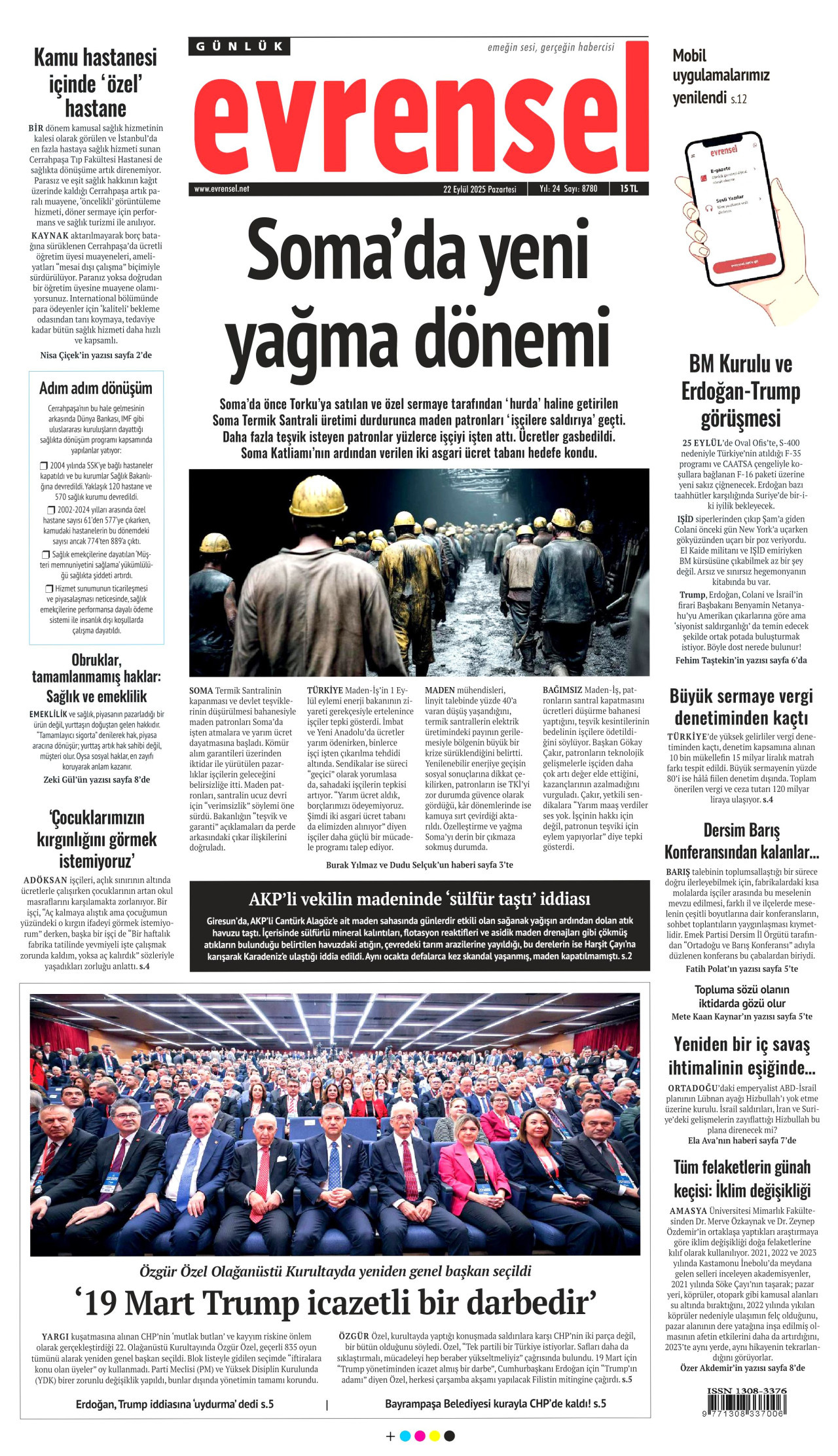 EVRENSEL gazetesinin 22 Eylül 2025 tarihli birinci sayfası