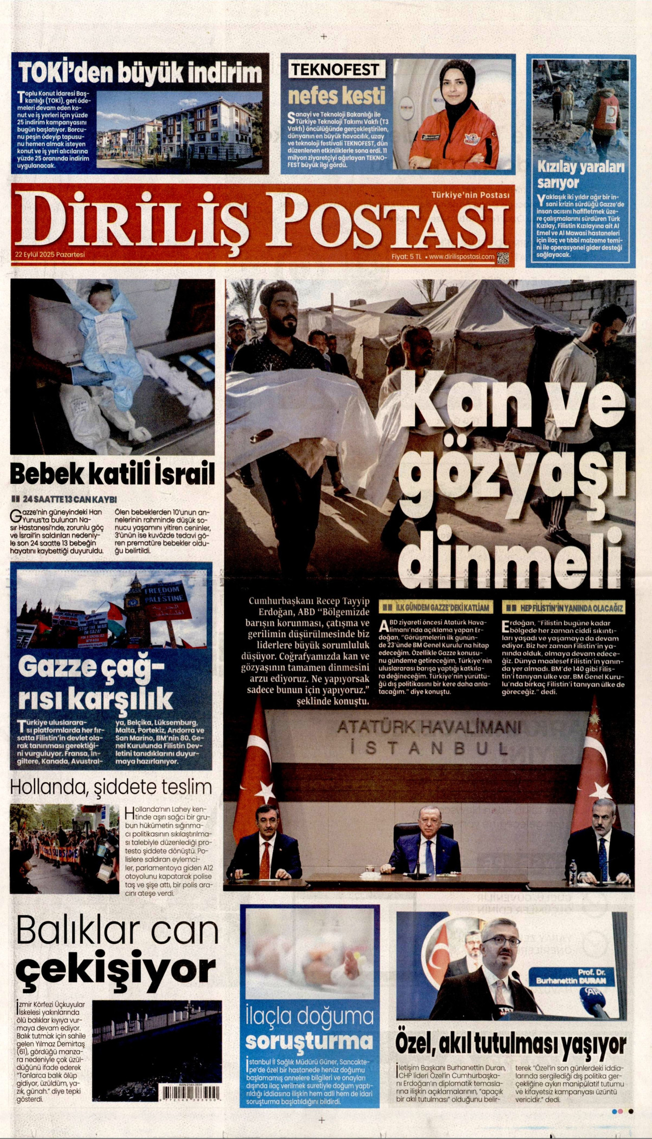 DİRİLİŞ POSTASI gazetesinin 22 Eylül 2025 tarihli birinci sayfası