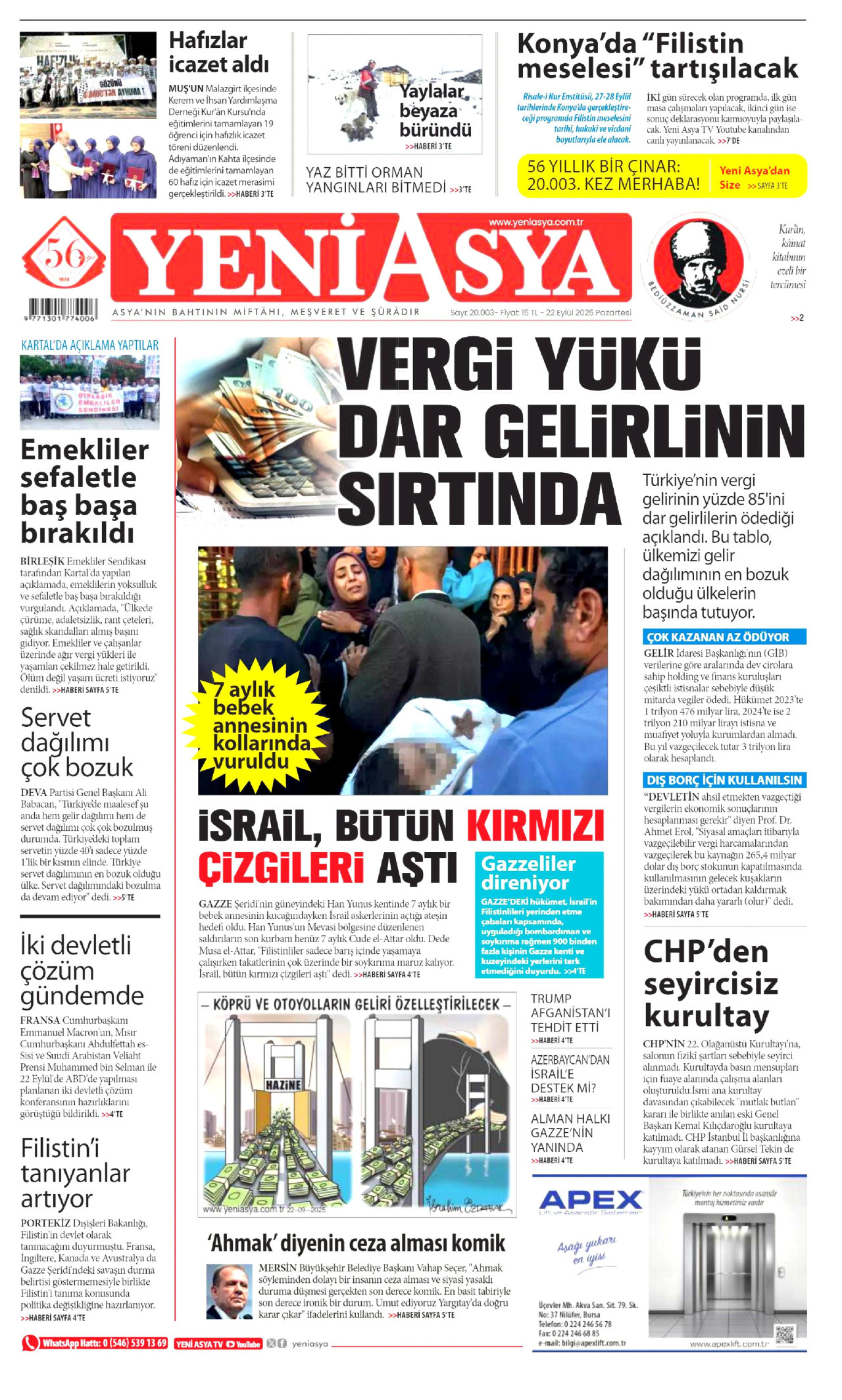 YENİ ASYA gazetesinin 22 Eylül 2025 tarihli birinci sayfası