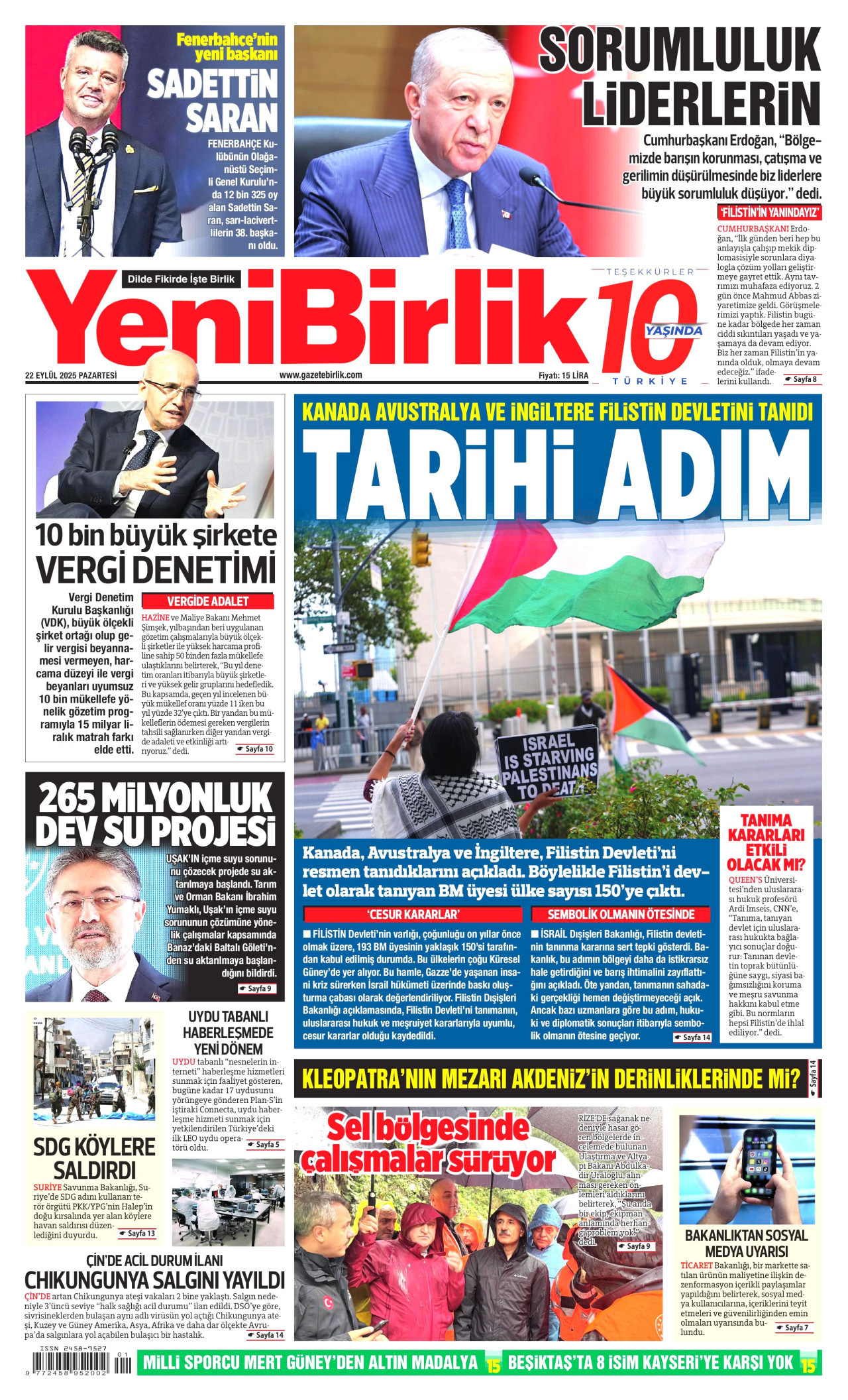 YENİBİRLİK gazetesinin 22 Eylül 2025 tarihli birinci sayfası