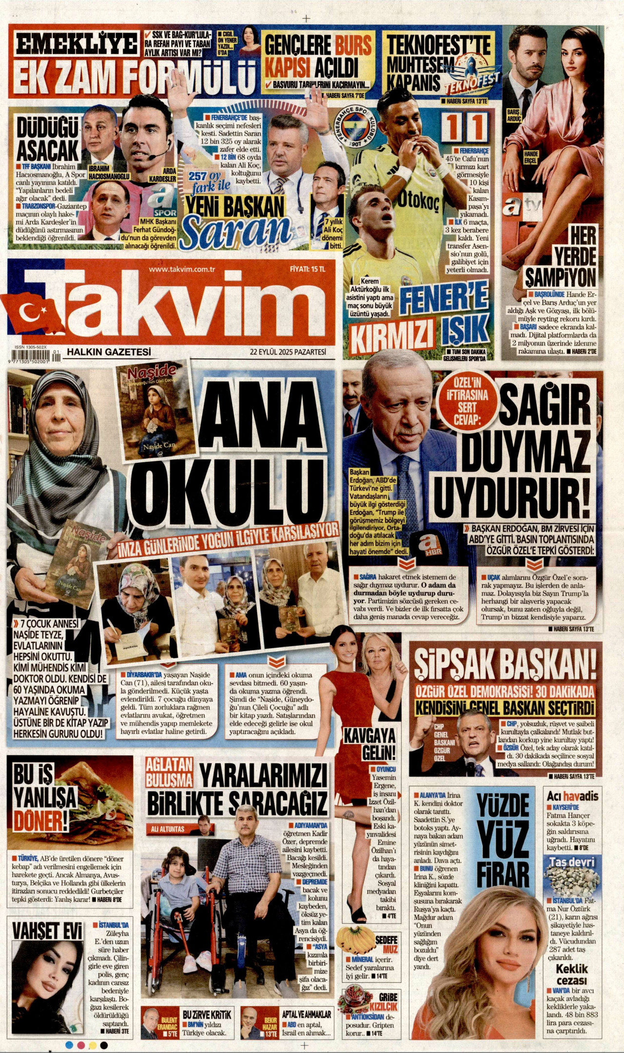 TAKVİM gazetesinin 22 Eylül 2025 tarihli birinci sayfası