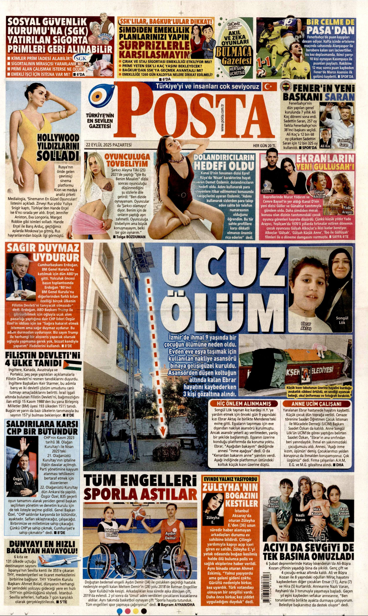 POSTA gazetesinin 22 Eylül 2025 tarihli birinci sayfası