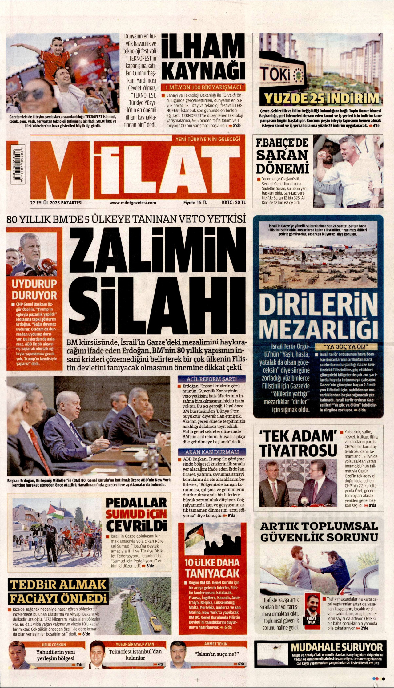 MİLAT gazetesinin 22 Eylül 2025 tarihli birinci sayfası
