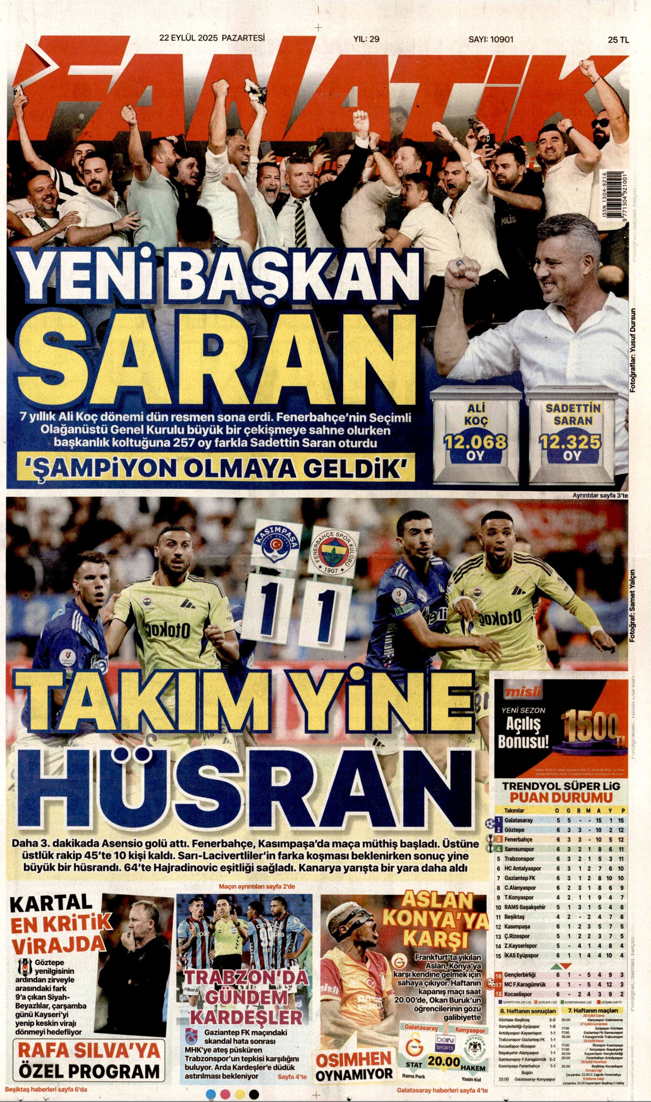 FANATİK gazetesinin 22 Eylül 2025 tarihli birinci sayfası