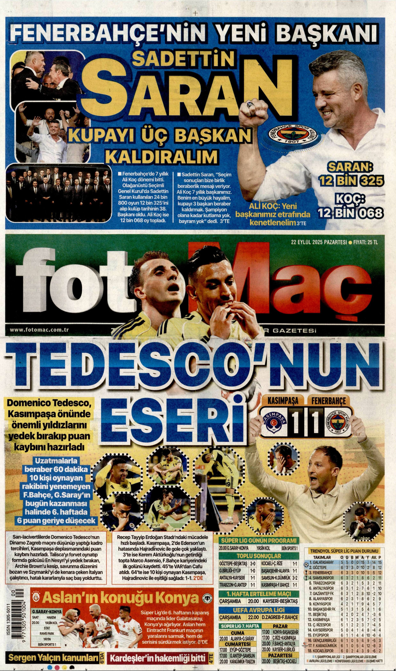 FOTOMAÇ gazetesinin 22 Eylül 2025 tarihli birinci sayfası