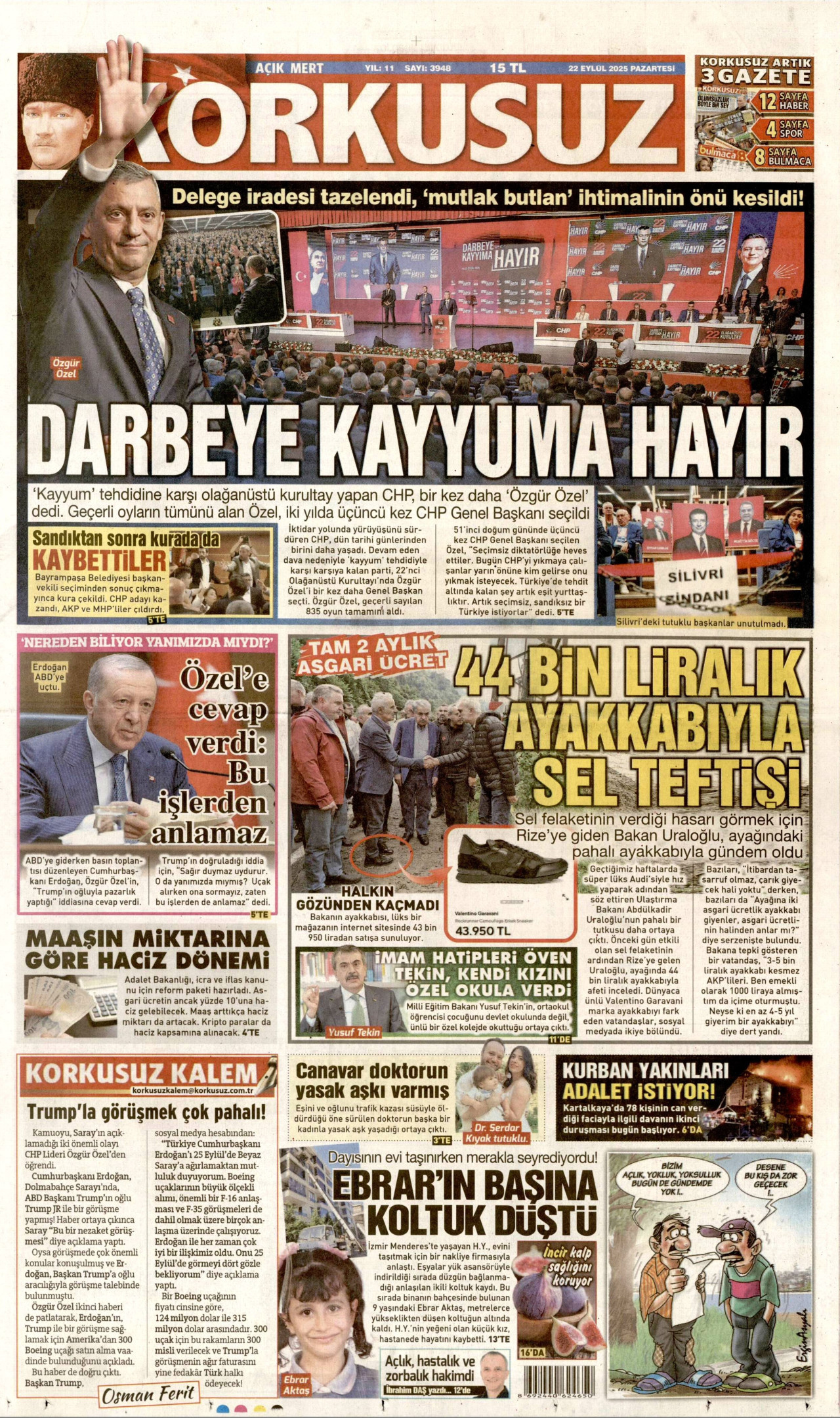 KORKUSUZ gazetesinin 22 Eylül 2025 tarihli birinci sayfası
