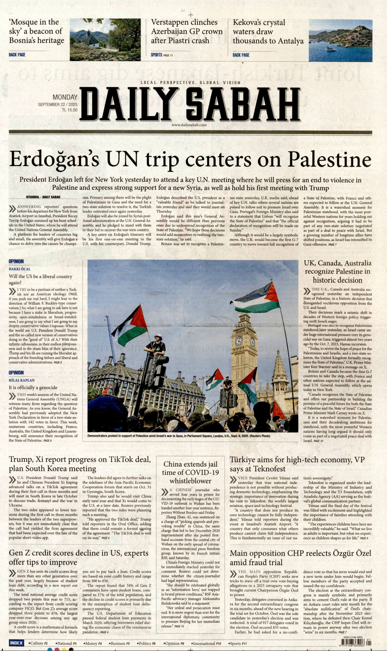 DAİLY SABAH gazetesinin 22 Eylül 2025 tarihli birinci sayfası
