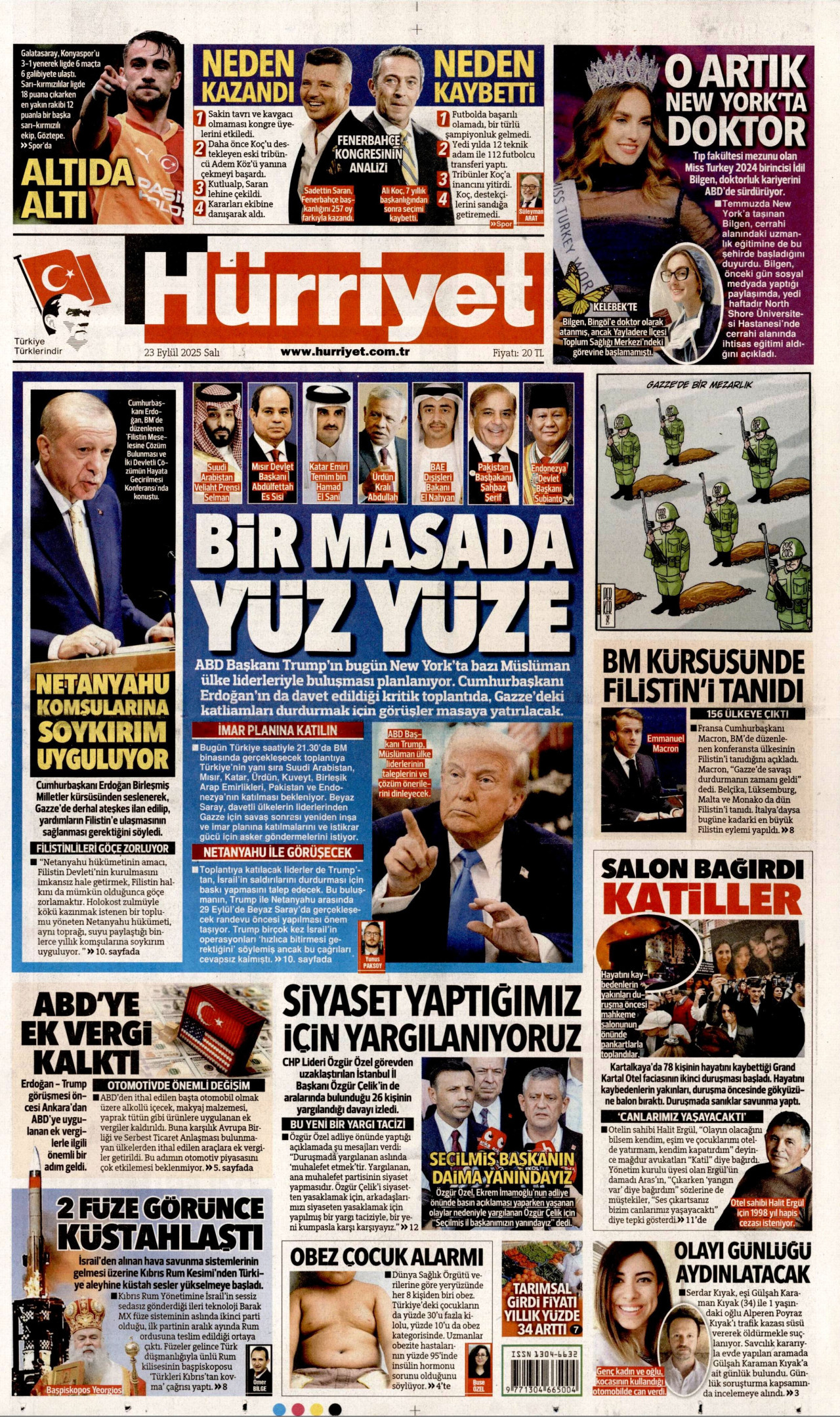 HÜRRİYET gazetesinin 23 Eylül 2025 tarihli birinci sayfası