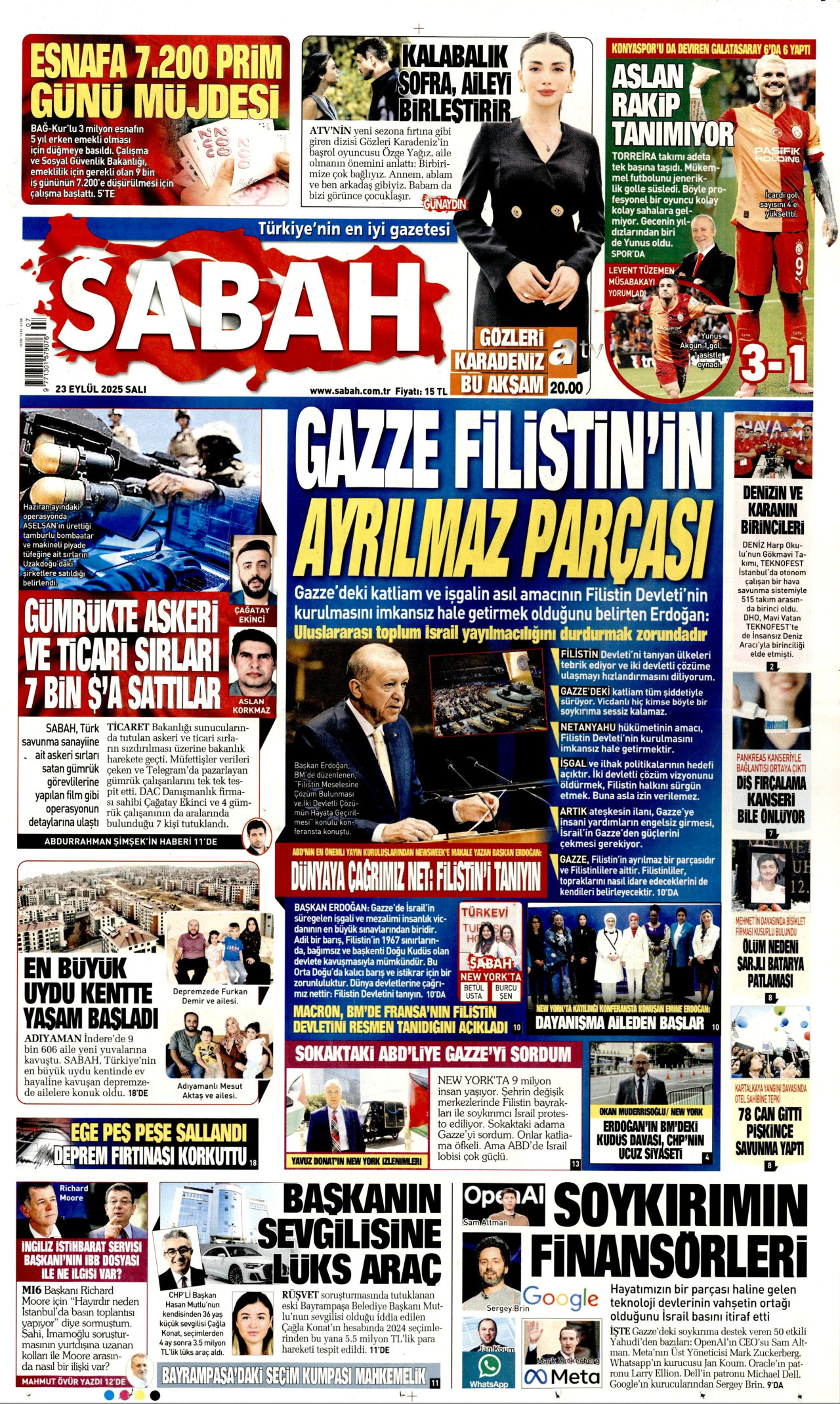 SABAH gazetesinin 23 Eylül 2025 tarihli birinci sayfası